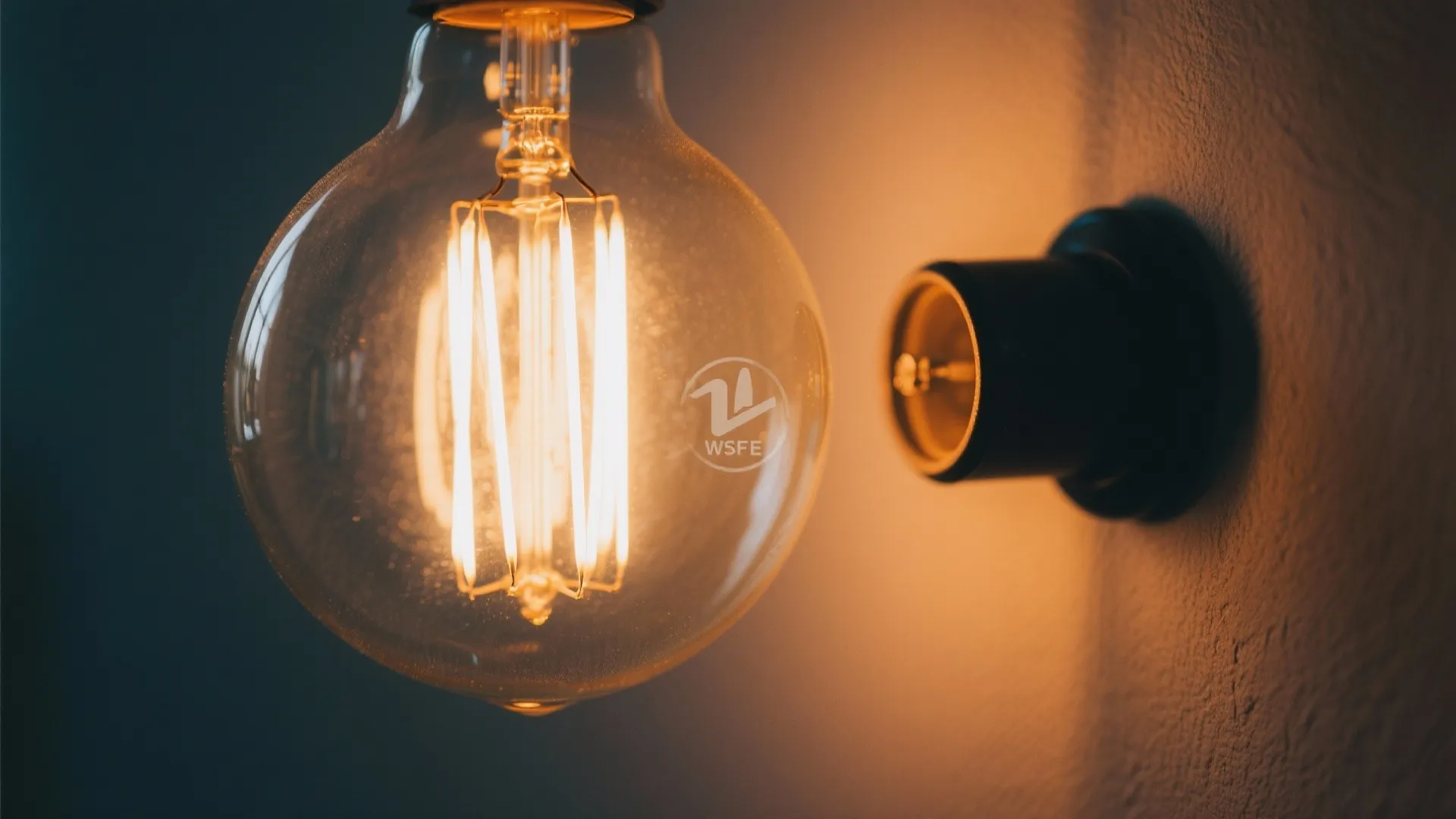 Close-up of warm amber light bulb in office lamp