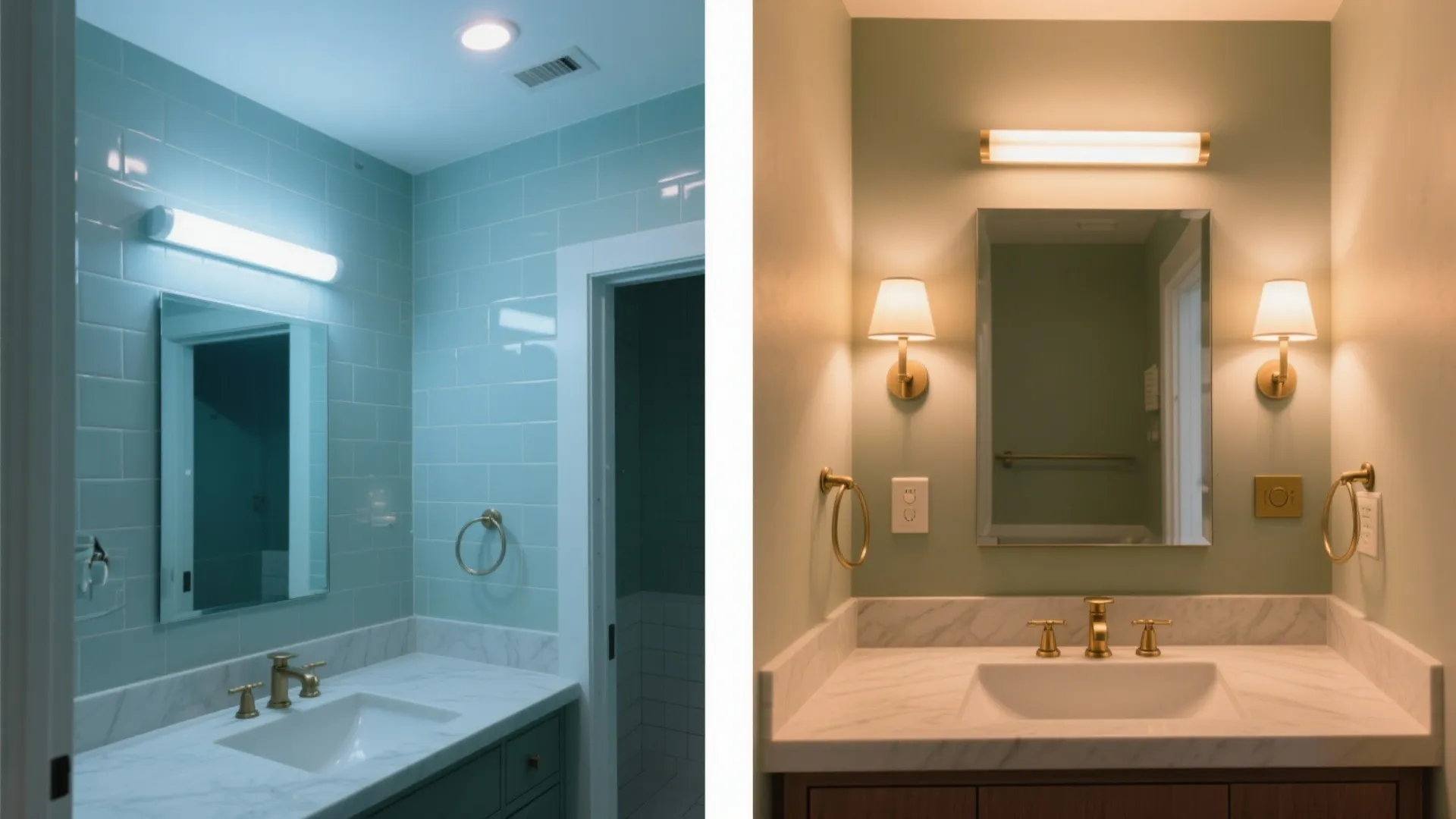 Side-by-side view comparing cool vs warm dimmable lighting in a small bathroom.