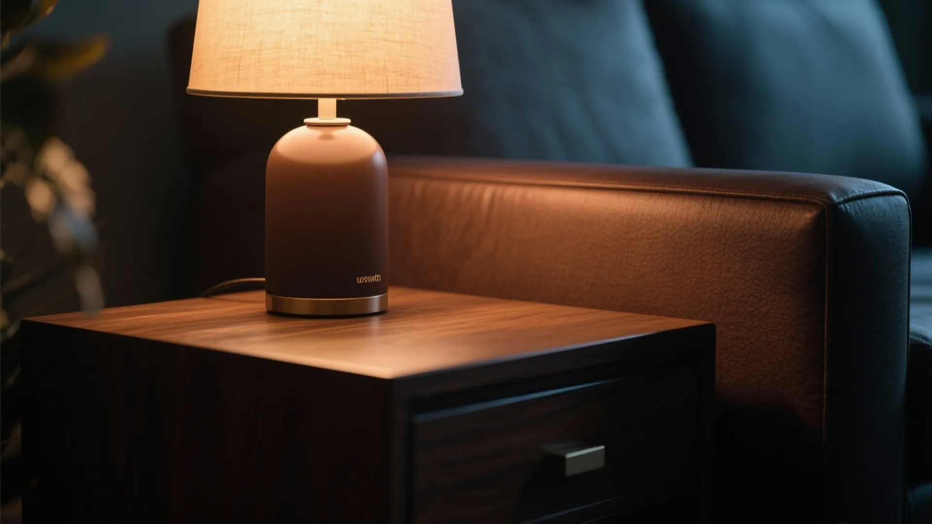 Warm table light on dark wood nightstand next to a leather sofa in cozy bedroom