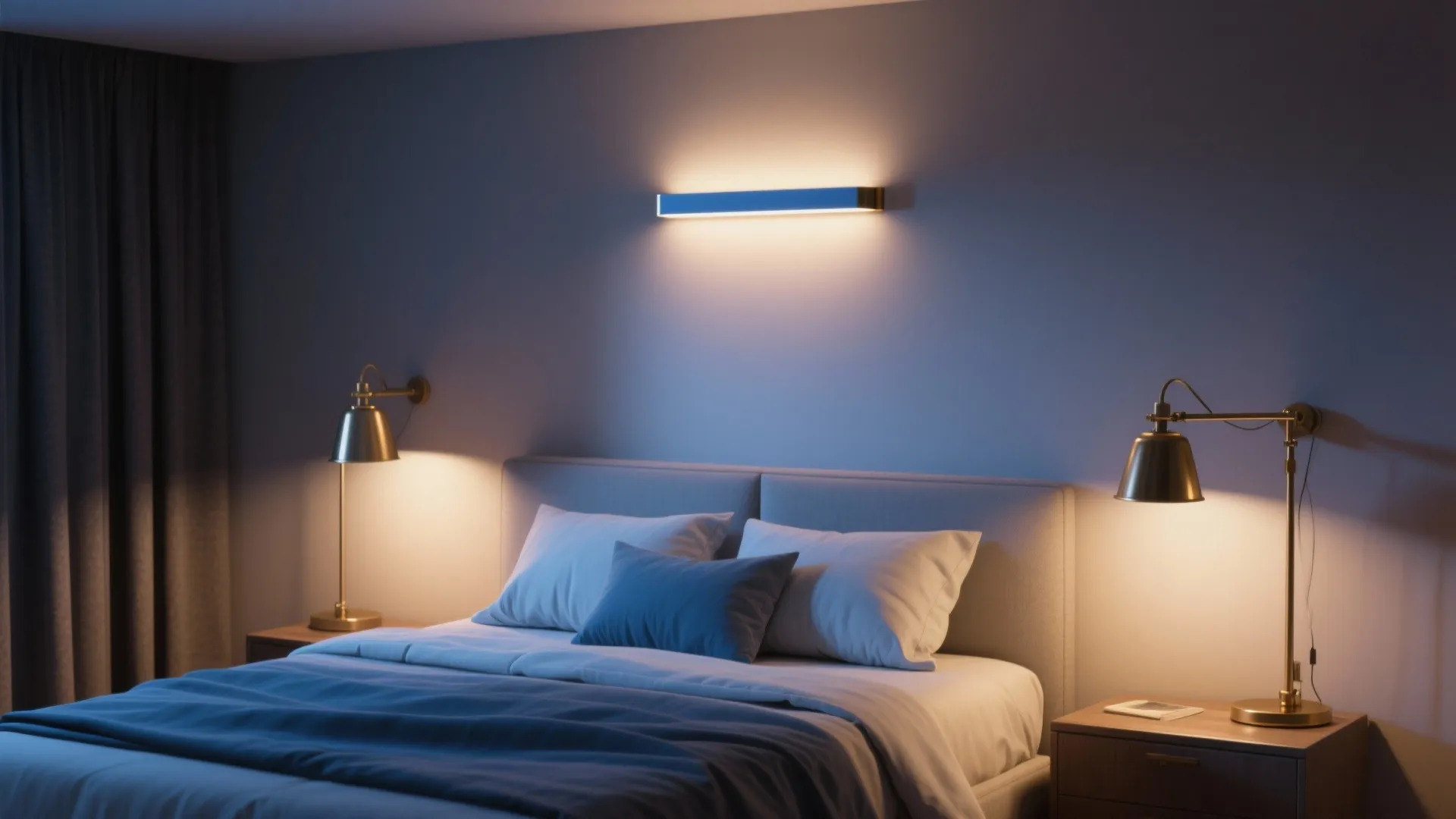 Idea 5: Warm lighting with blue accents and gold fixtures