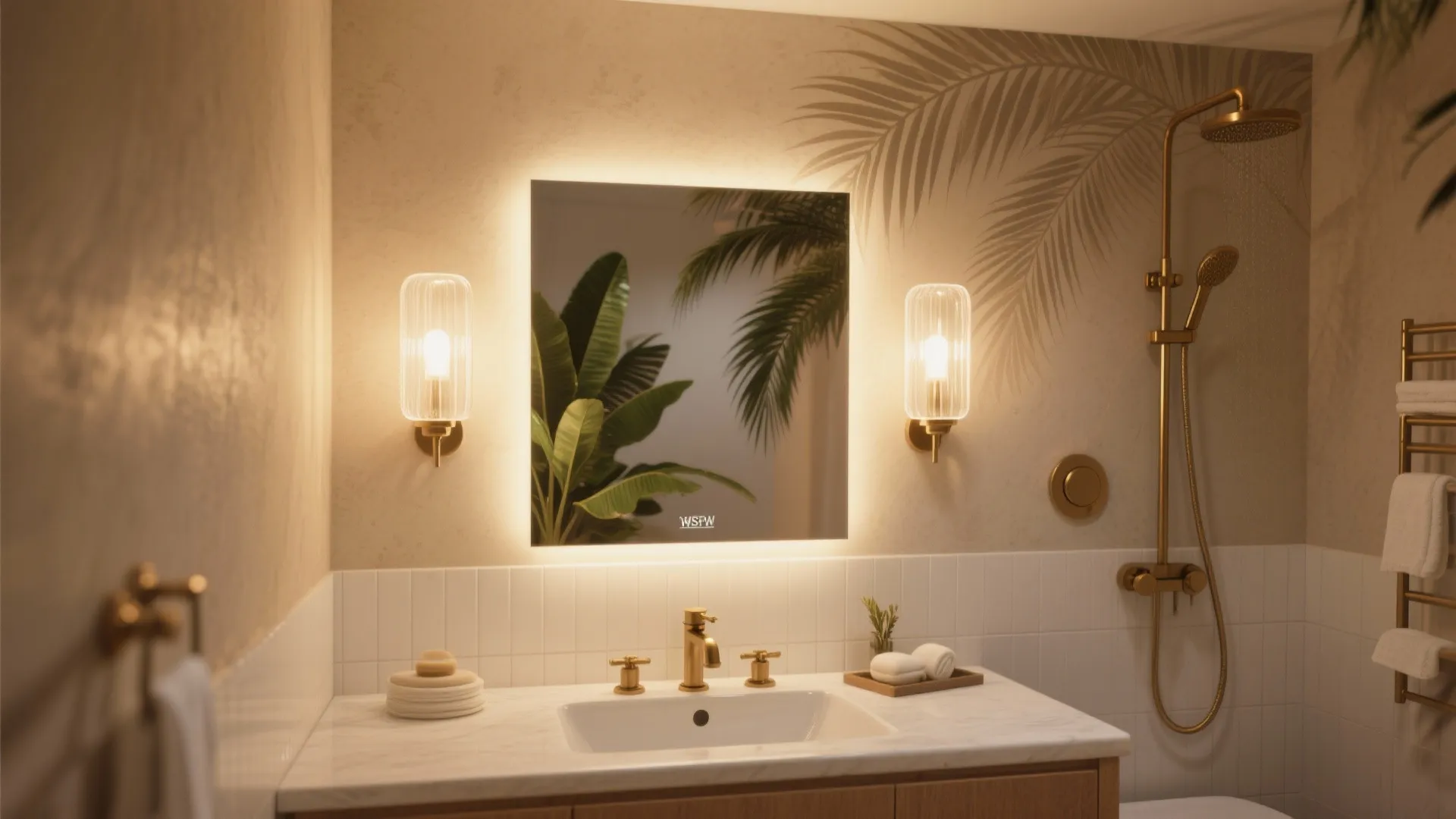 Modern bathroom with backlit mirror, gold shower head, white sink, wall light, and palm shadow