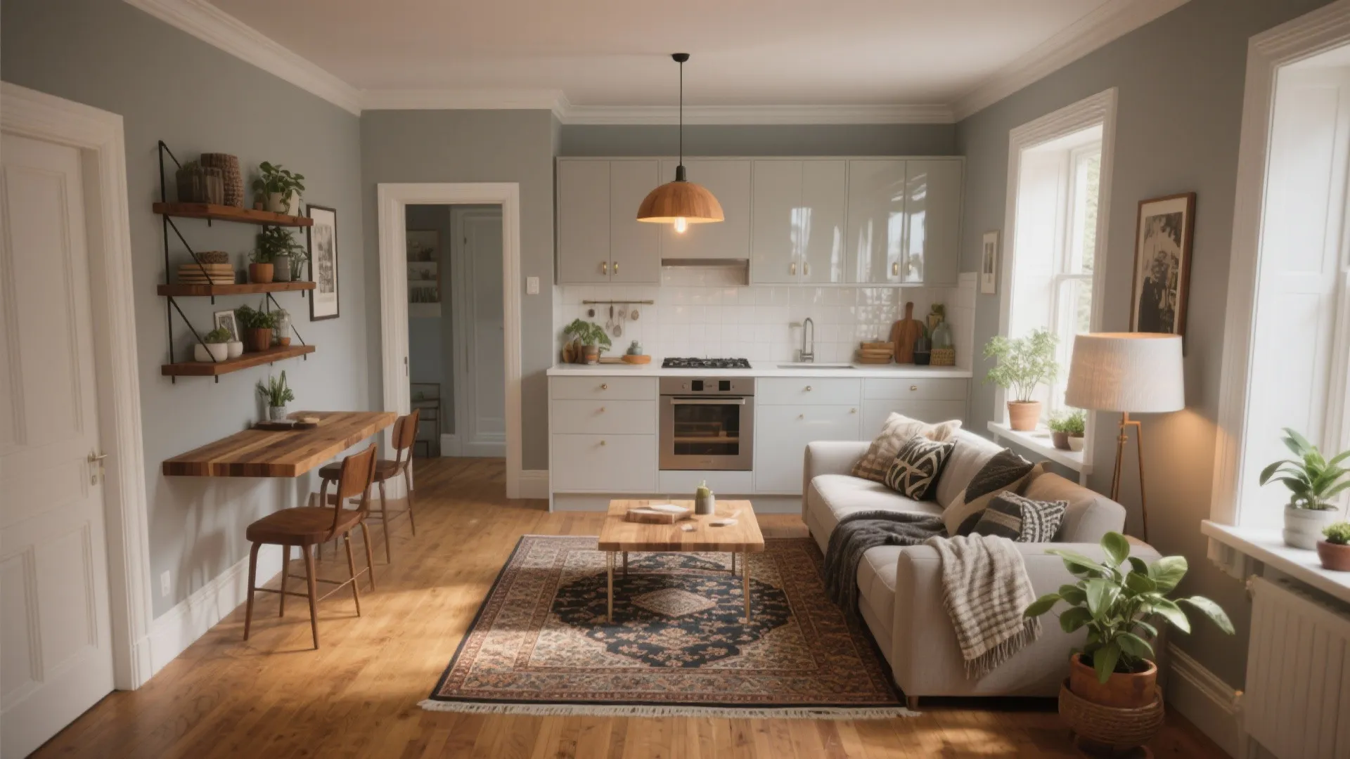 Modern small apartment with open kitchen and living area featuring grey walls and wooden flooring