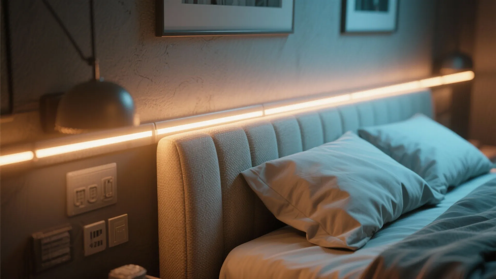 Close up of a grey fabric bed headboard featuring a long strip of warm yellow lighting