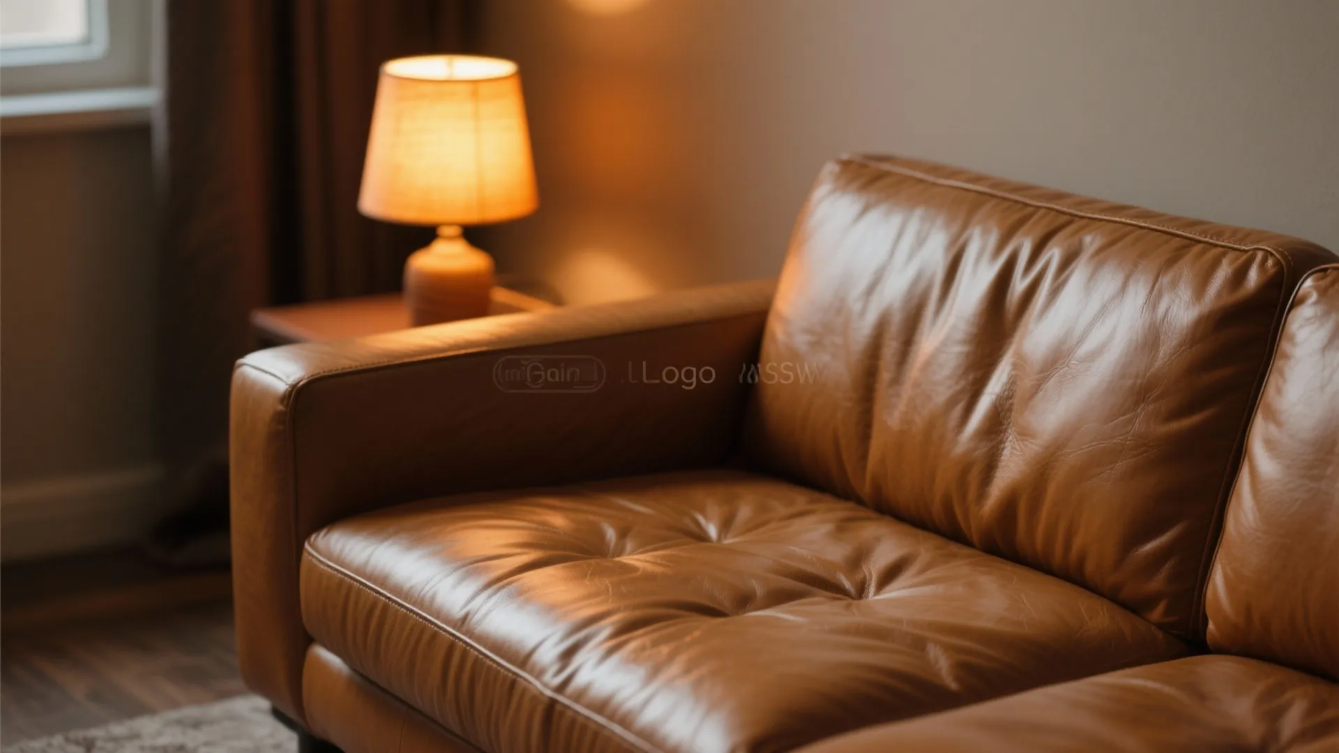 Close-up of tan leather sofa lit by warm ambient lamp