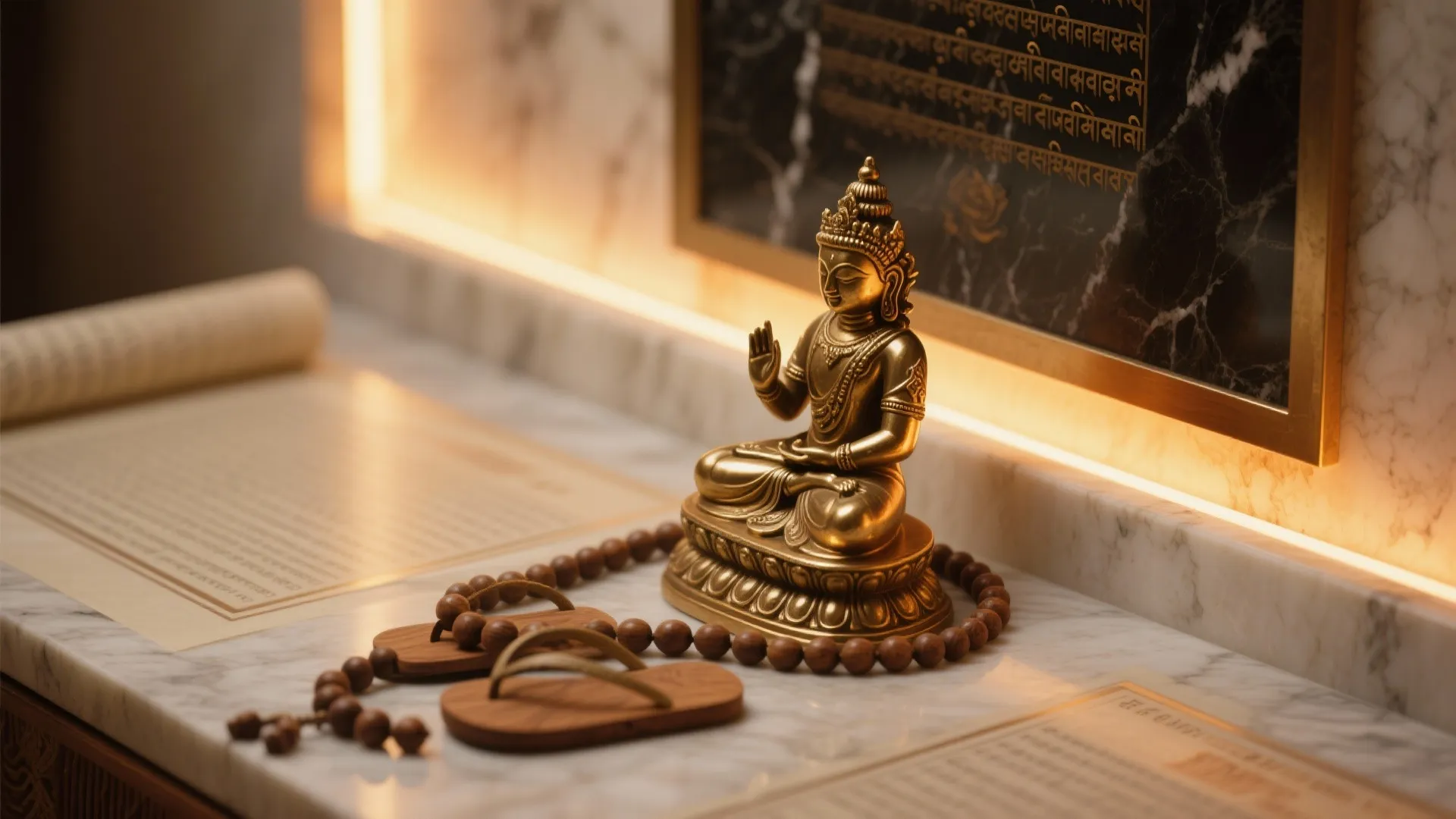 Small golden statue on marble shelf with wooden prayer beads and warm hidden light strip