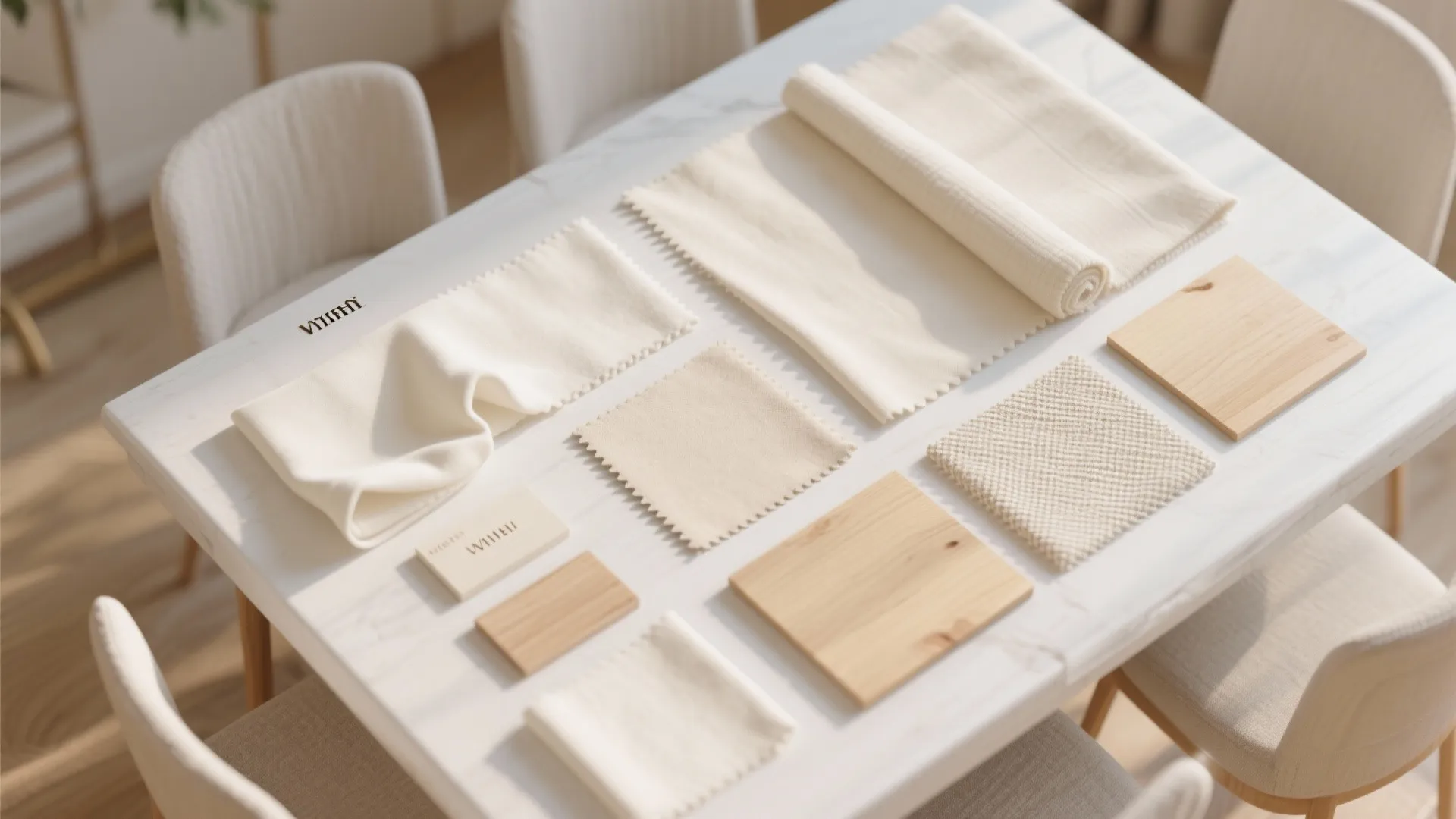Selection of beige fabric swatches and light wood samples arranged on a white marble table