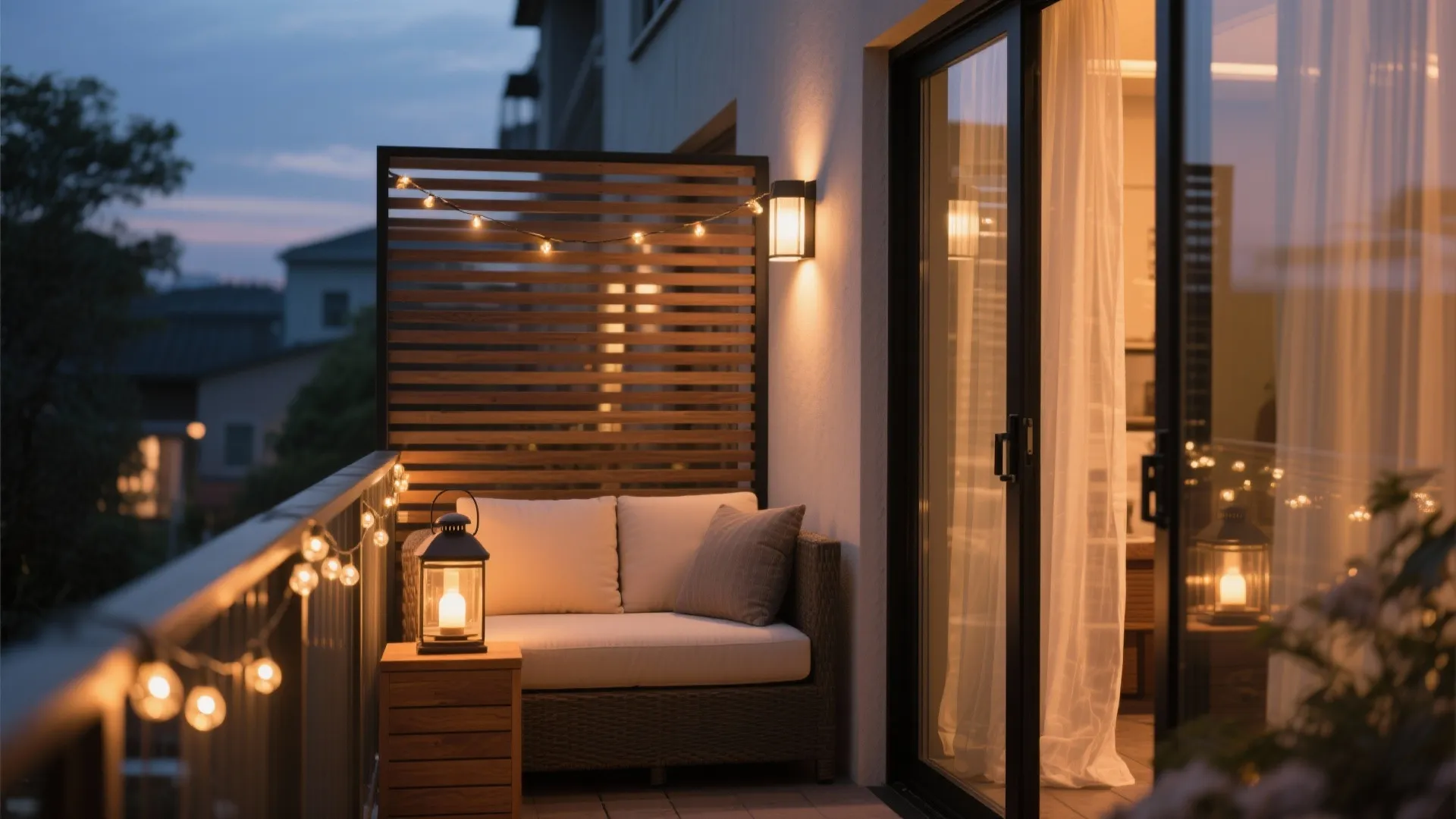 Warm, layered lighting + privacy you can tune