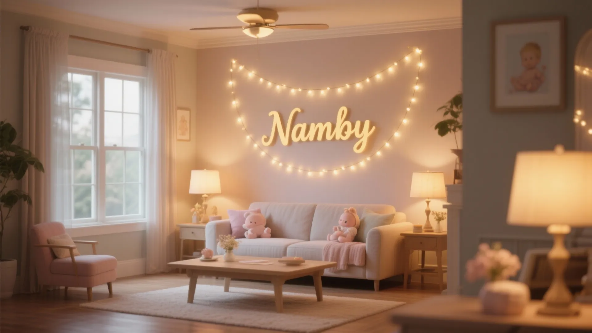 Cozy living room interior design with white sofa wooden coffee table string lights and pink chair