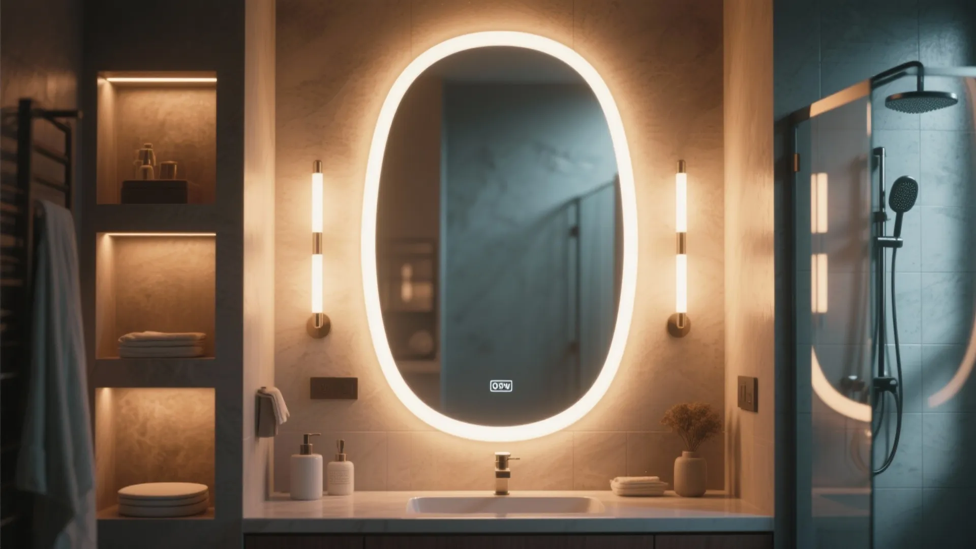 Vanity with rounded mirror, warm backlight, dimmable ceiling light, and recessed damp-rated fixtures.
