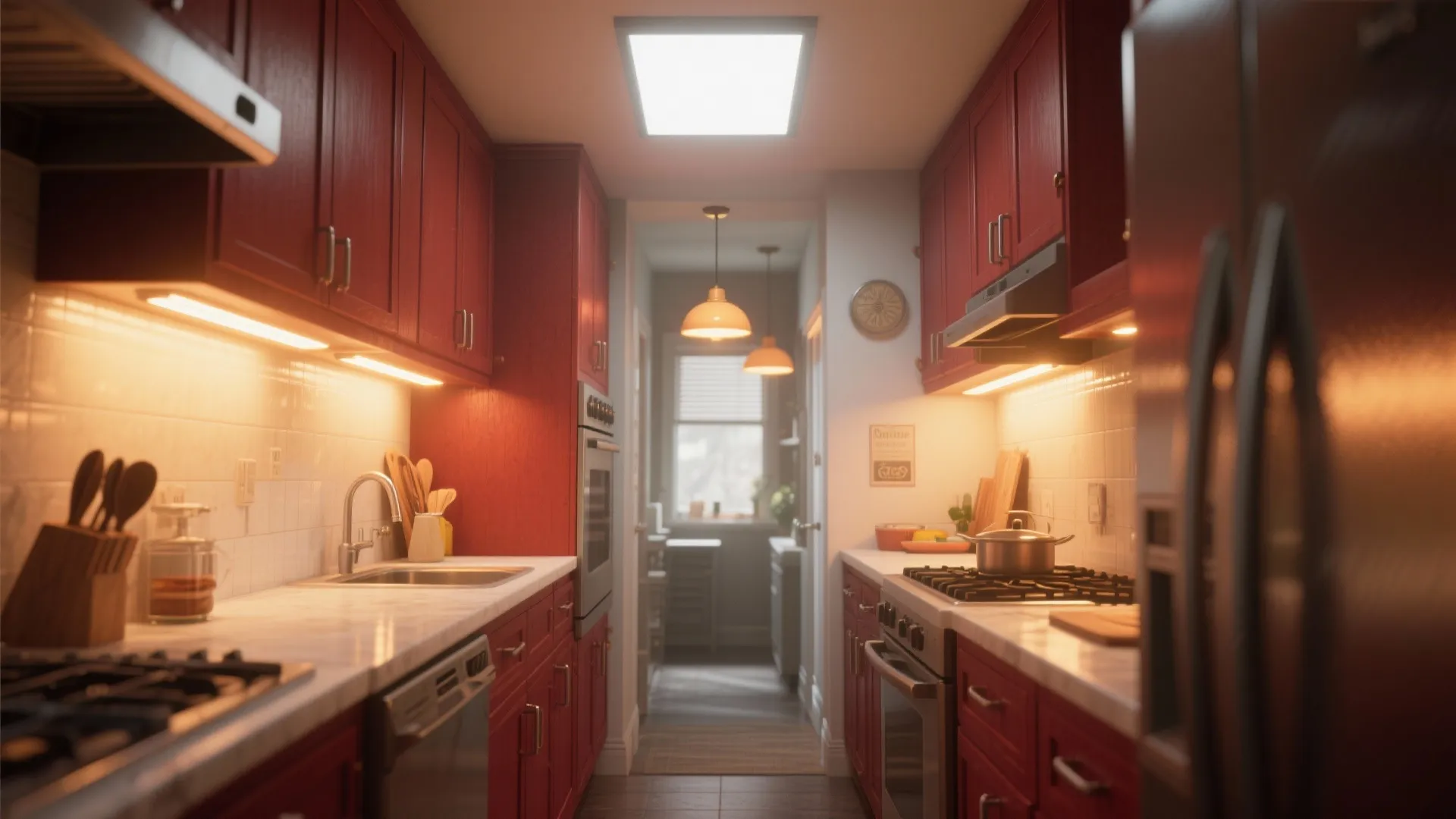 Small galley kitchen with red cabinets marble countertops warm light fixtures and stainless steel appliances