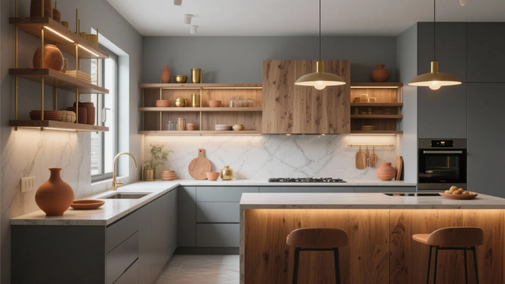 Modern kitchen with wood shelves marble backsplash warm light fixtures and grey cabinets with island