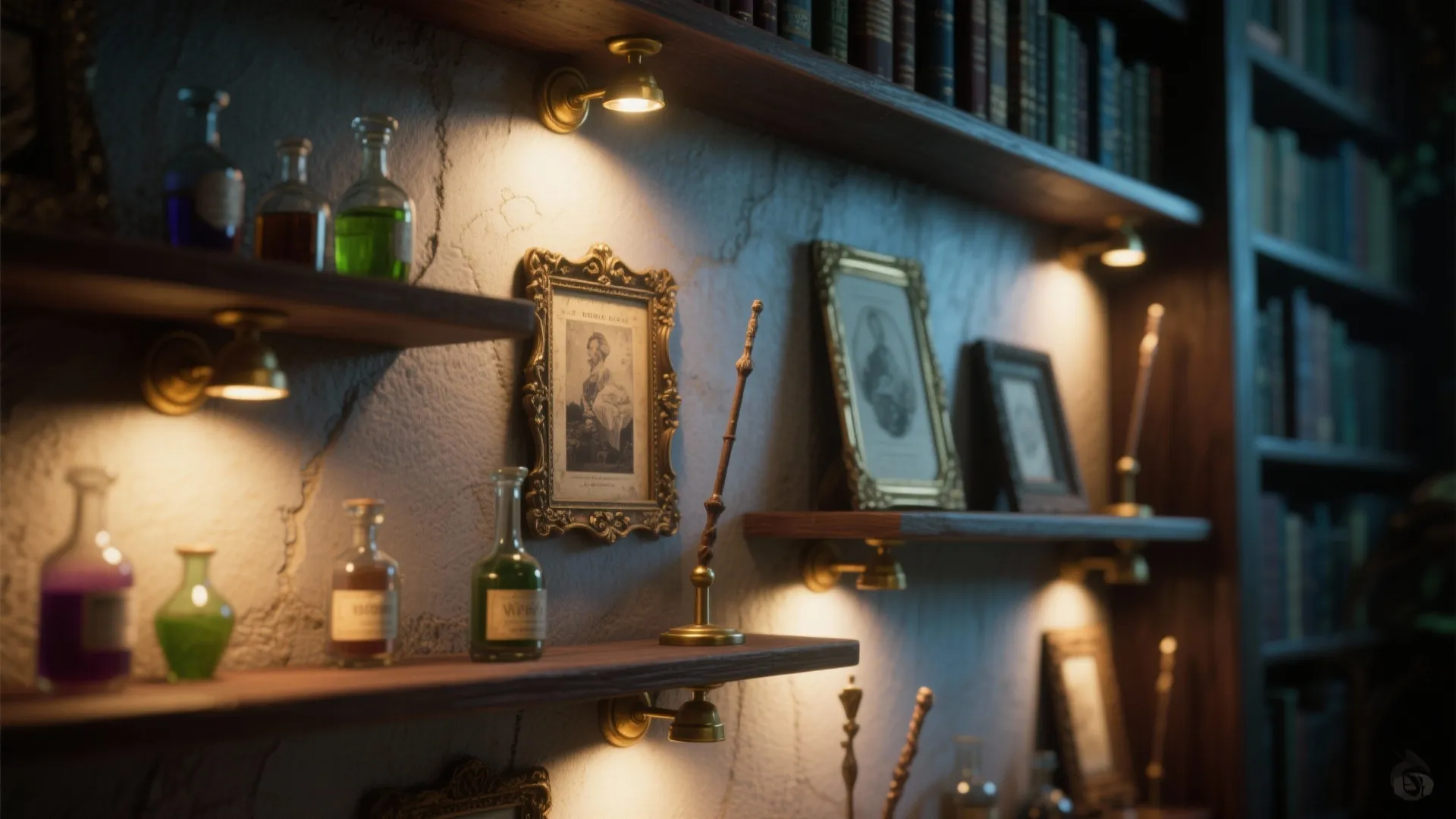 Vintage wooden shelves with magic potion bottles gold frames small wall lights and mysterious books