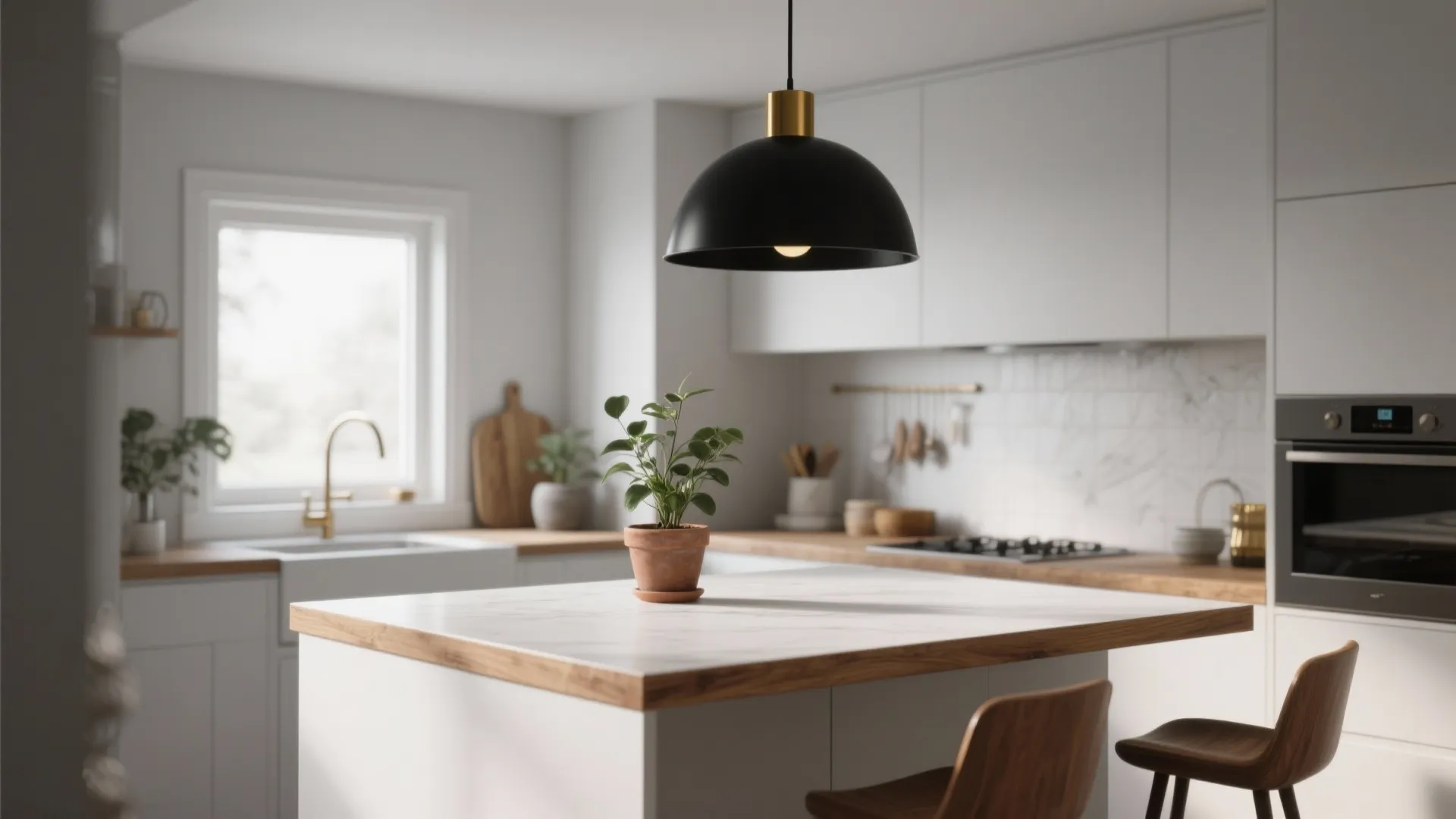 Modern white kitchen with black ceiling light over marble island wooden stools and white cabinets