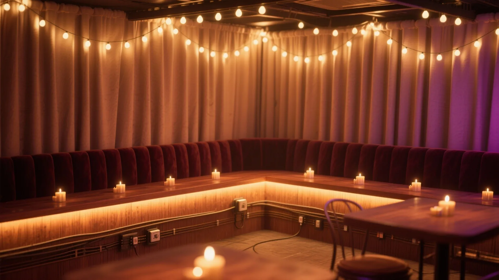 Cozy basement room with wooden benches and candles under warm string lights and white curtains