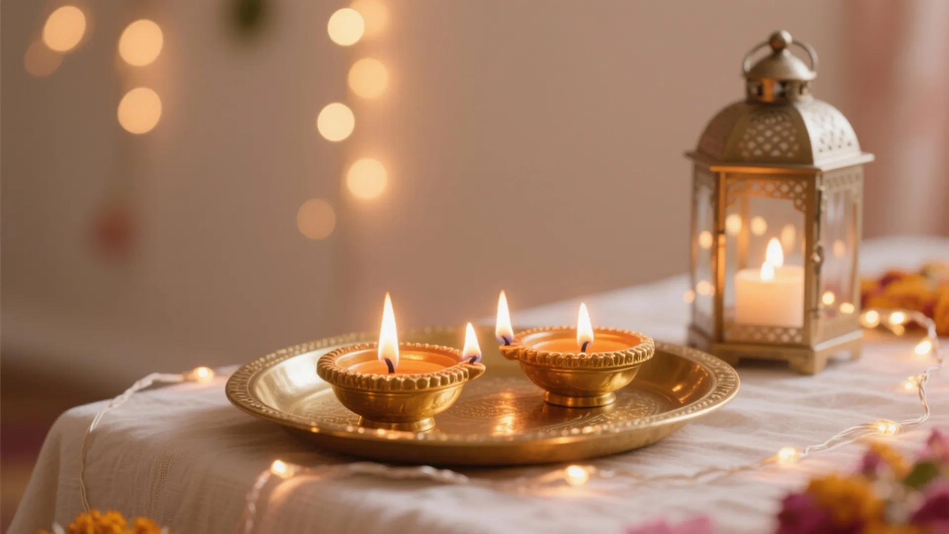Warm Lighting Layers: Diyas, Lanterns, and Dimmable LEDs