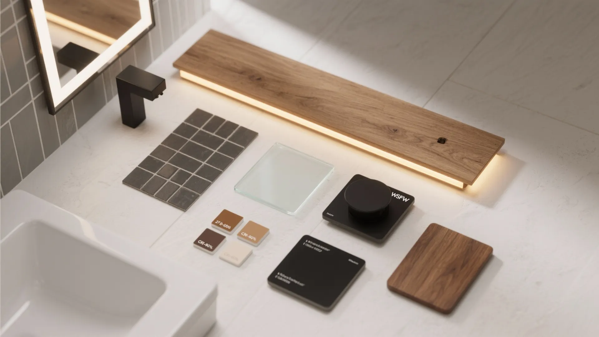 Material board with wood panel light fixture tiles and sink showing modern bathroom design elements
