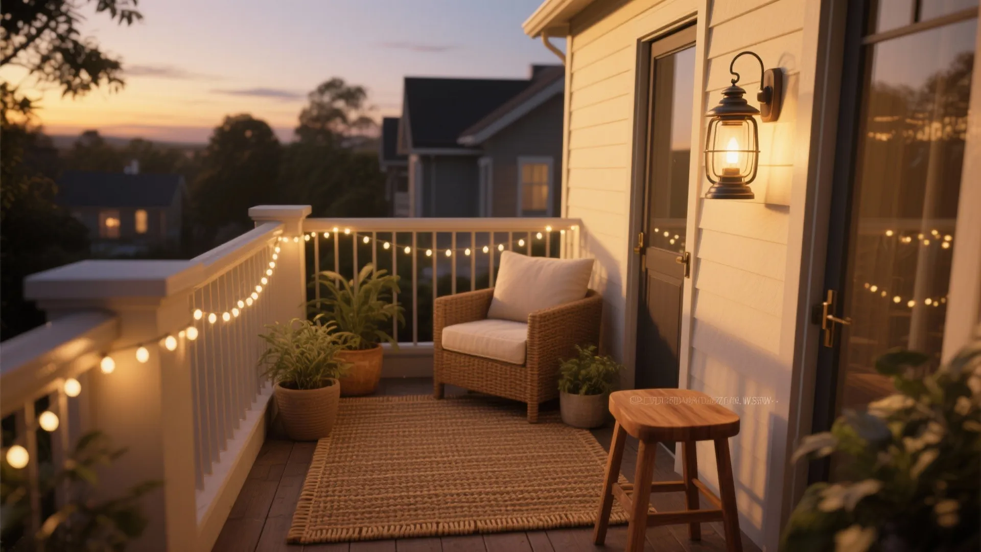 Cozy balcony at sunset with warm wall light string lights wicker chair rug and potted plants