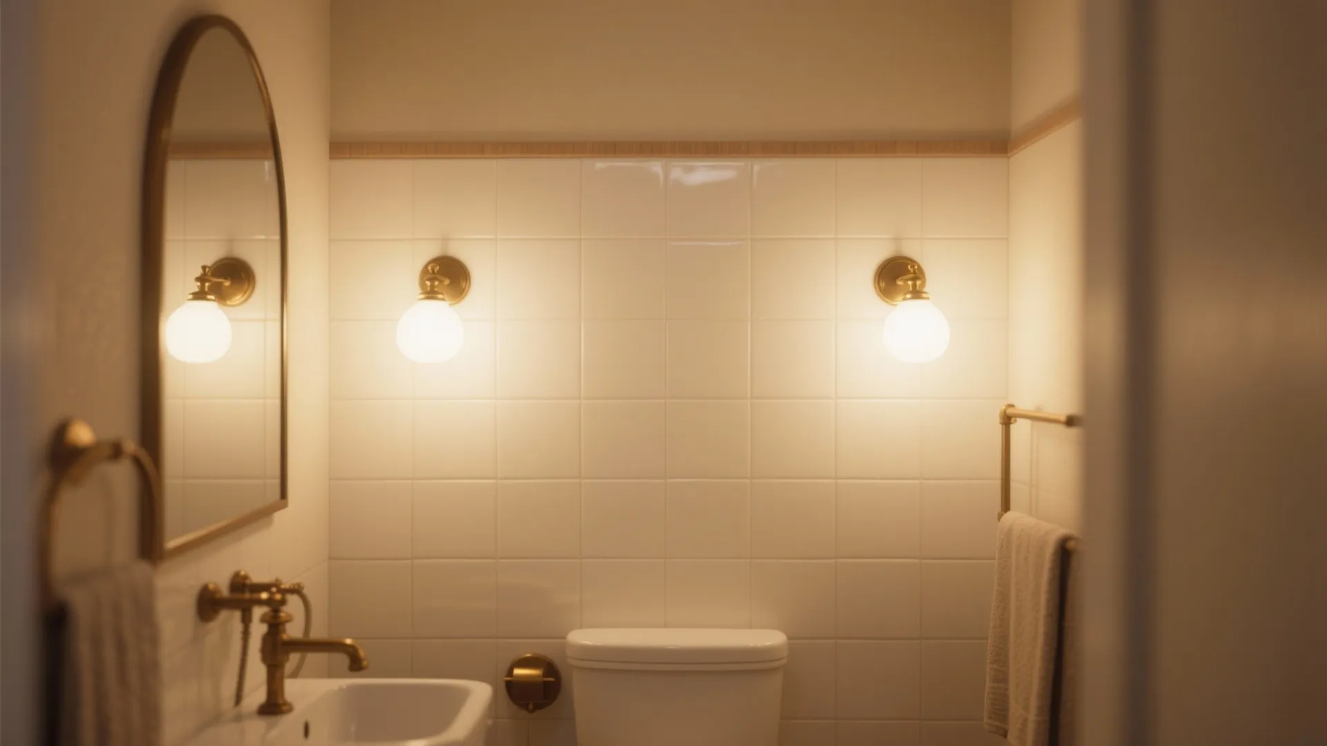Warm bathroom interior with two round wall lights white square tiles gold mirror and white toilet