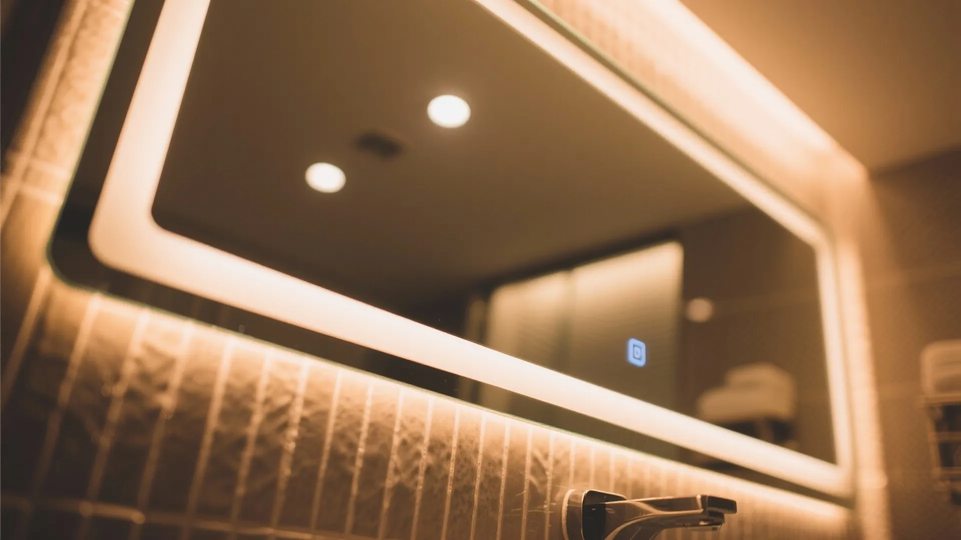 Modern bathroom mirror with built in LED lighting strip reflecting warm indoor lights and faucet
