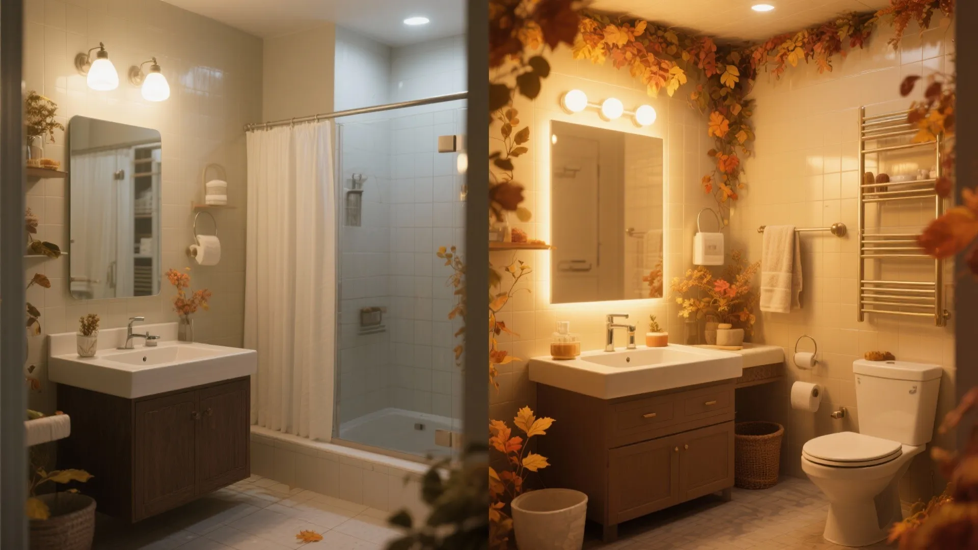 Side by side comparison of a simple white bathroom and a warm autumn themed bathroom
