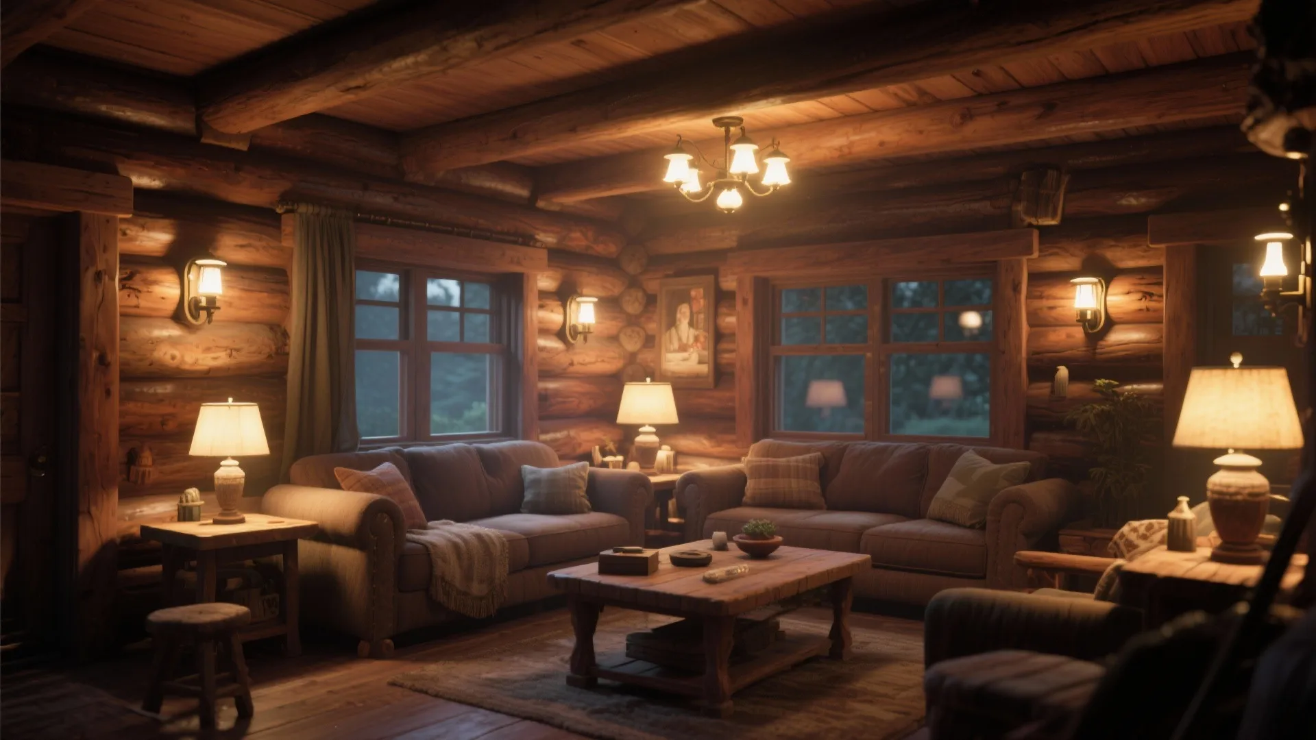 Warm log cabin living room with two brown sofas wooden coffee table and soft yellow lighting