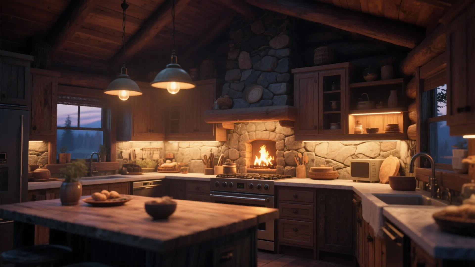 Rustic cabin kitchen with stone wall fireplace wooden island ceiling lights stove and warm atmosphere