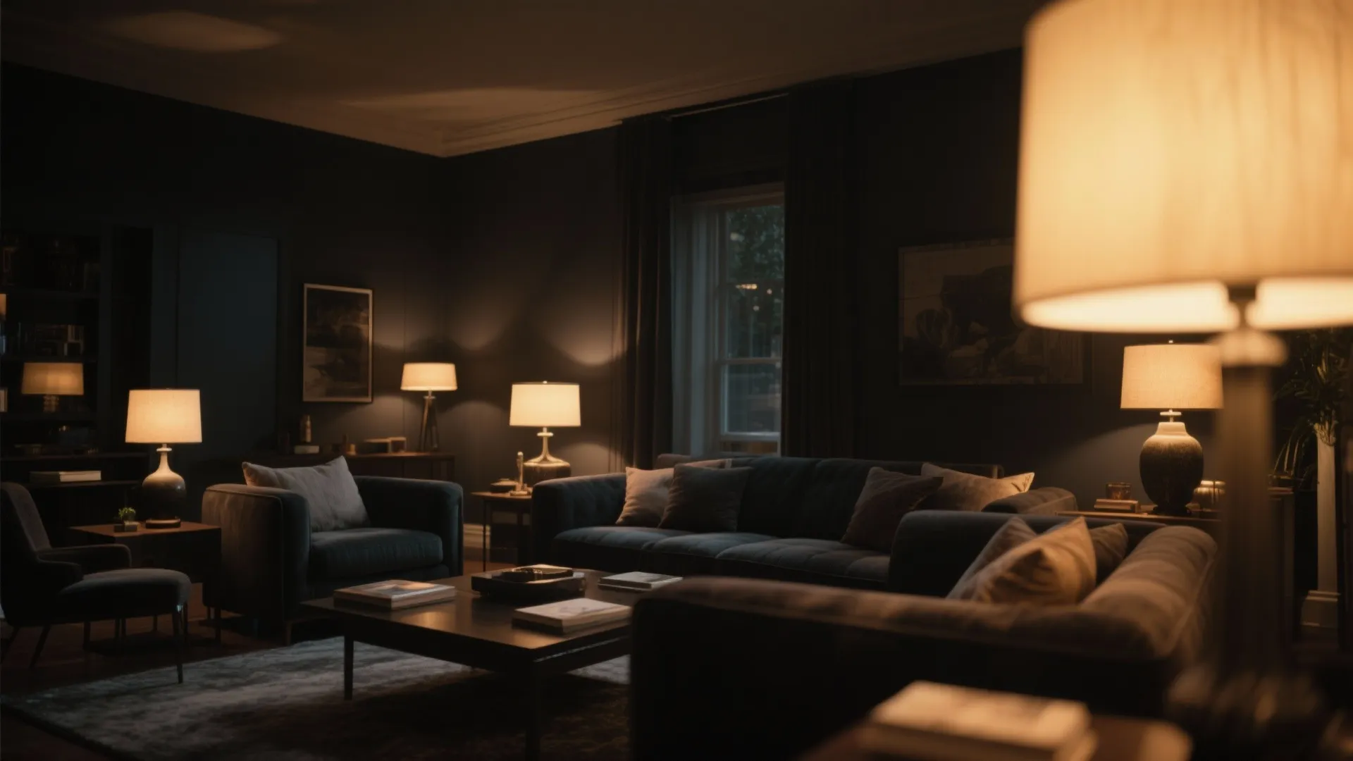 Dark furniture living room with warm ambient lighting