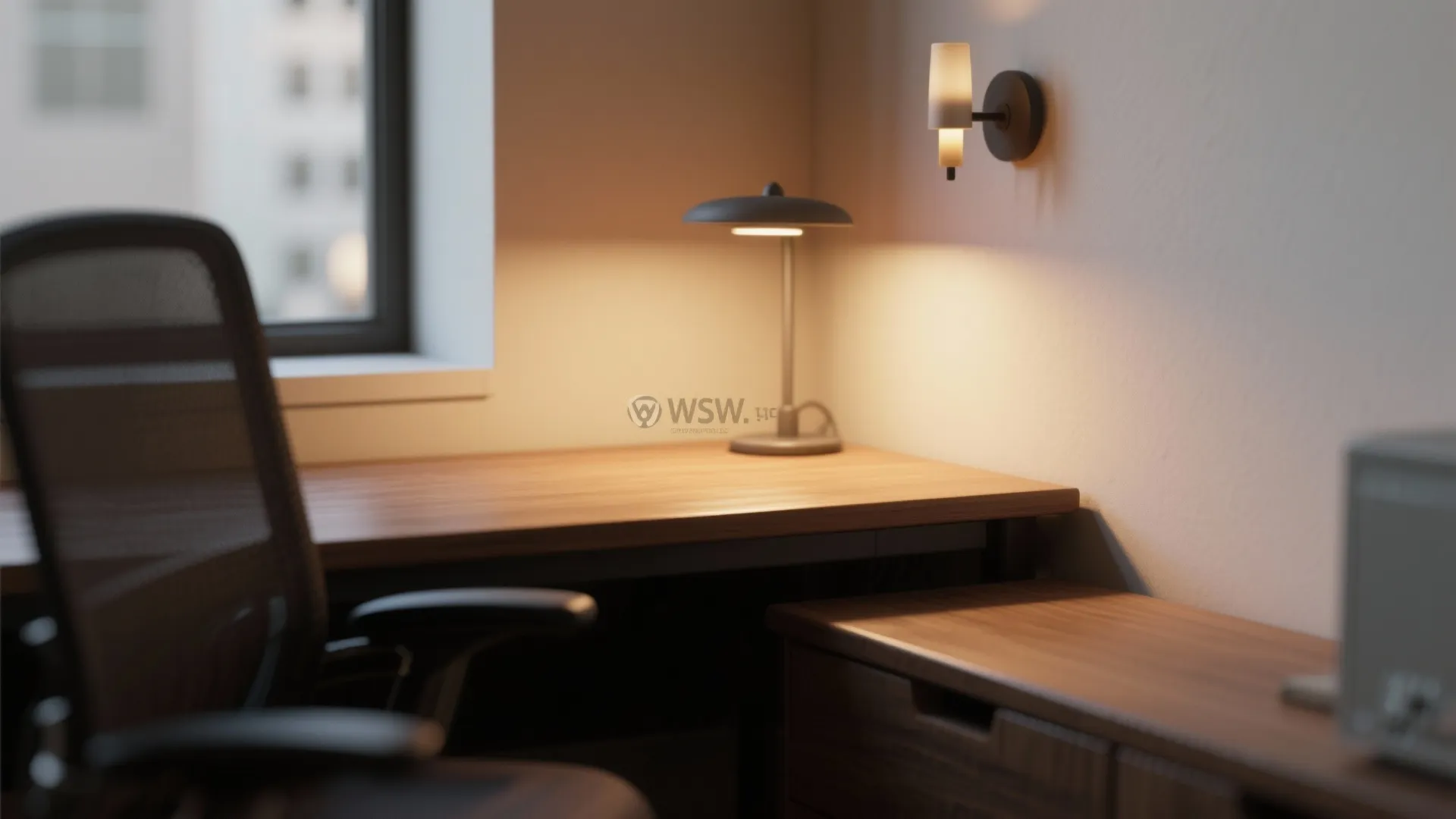 Wooden desk with black office chair small desk lamp wall light and window in office