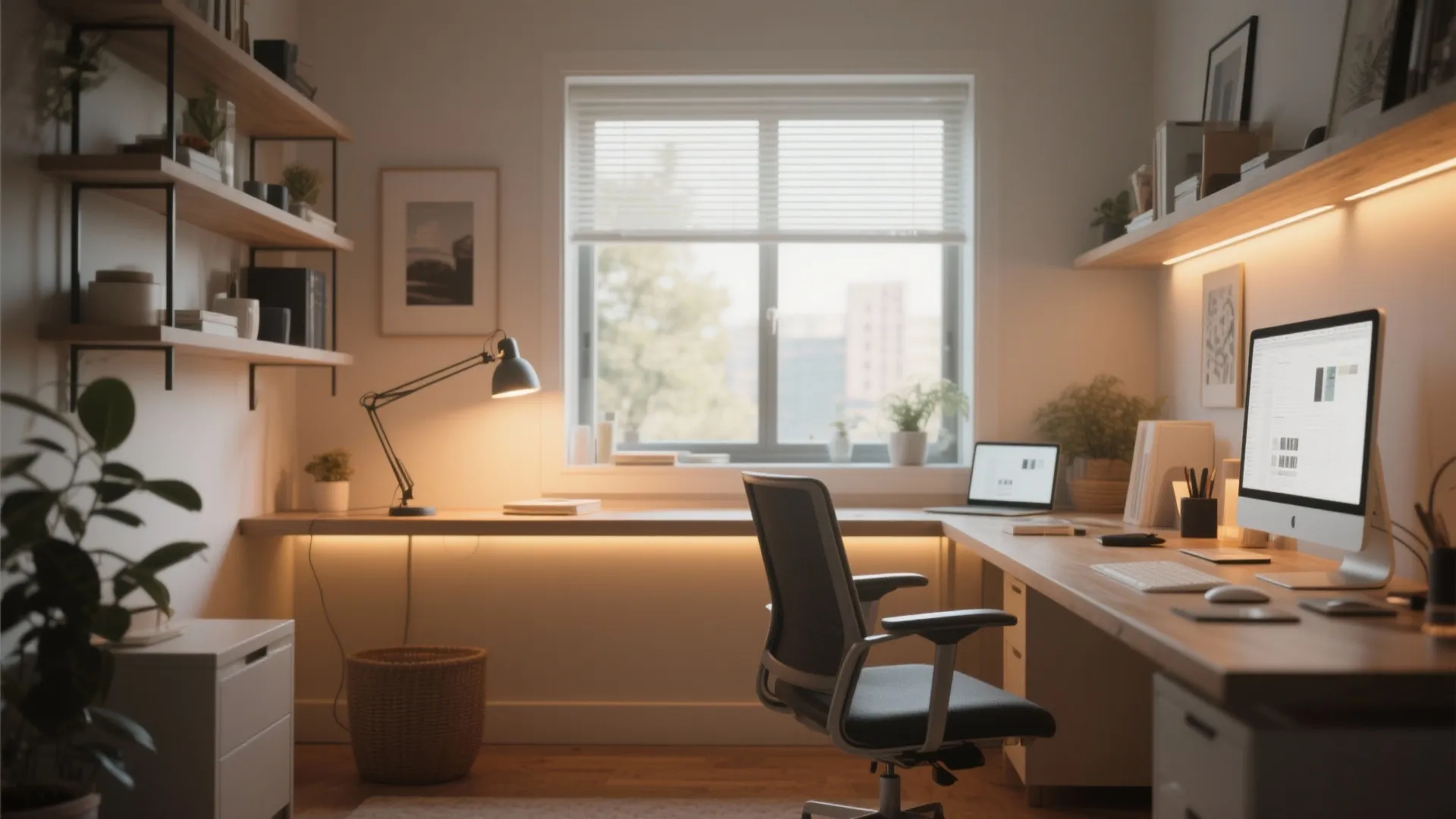 Modern home office with wooden desk, black chair, warm light fixtures, computer, and wall shelves