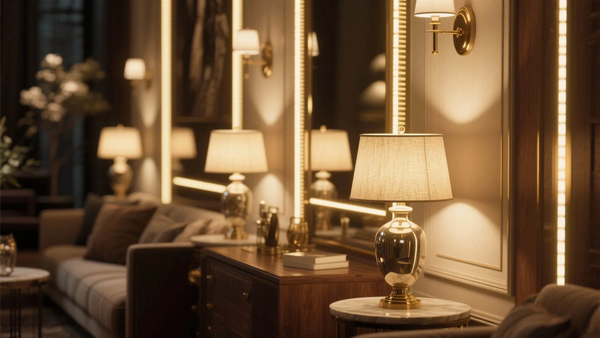 Elegant living room with warm table lamps, wood cabinet, grey sofa, and golden wall light