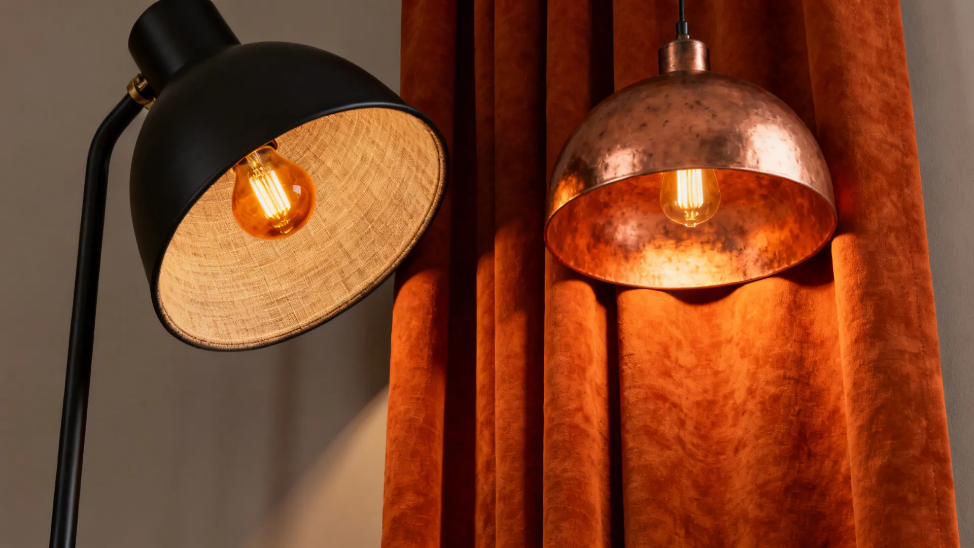 Warm amber lighting from a black floor lamp with linen shade softening burnt orange fabrics