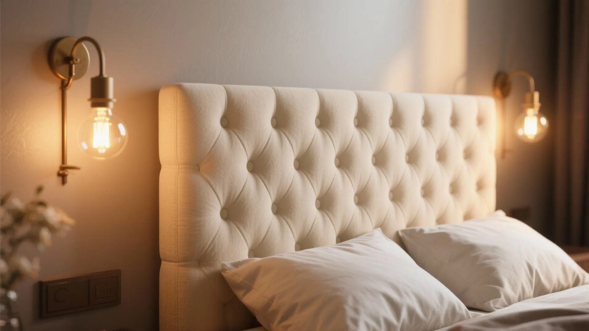 Cream headboard glowing under warm Edison bulb sconces