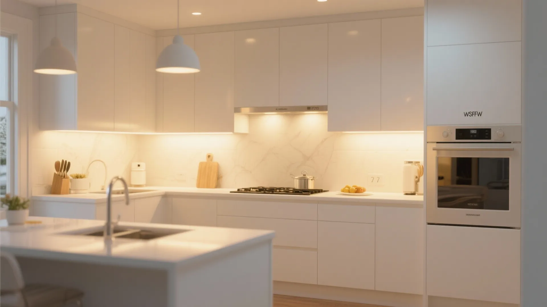 White kitchen with warm white lighting