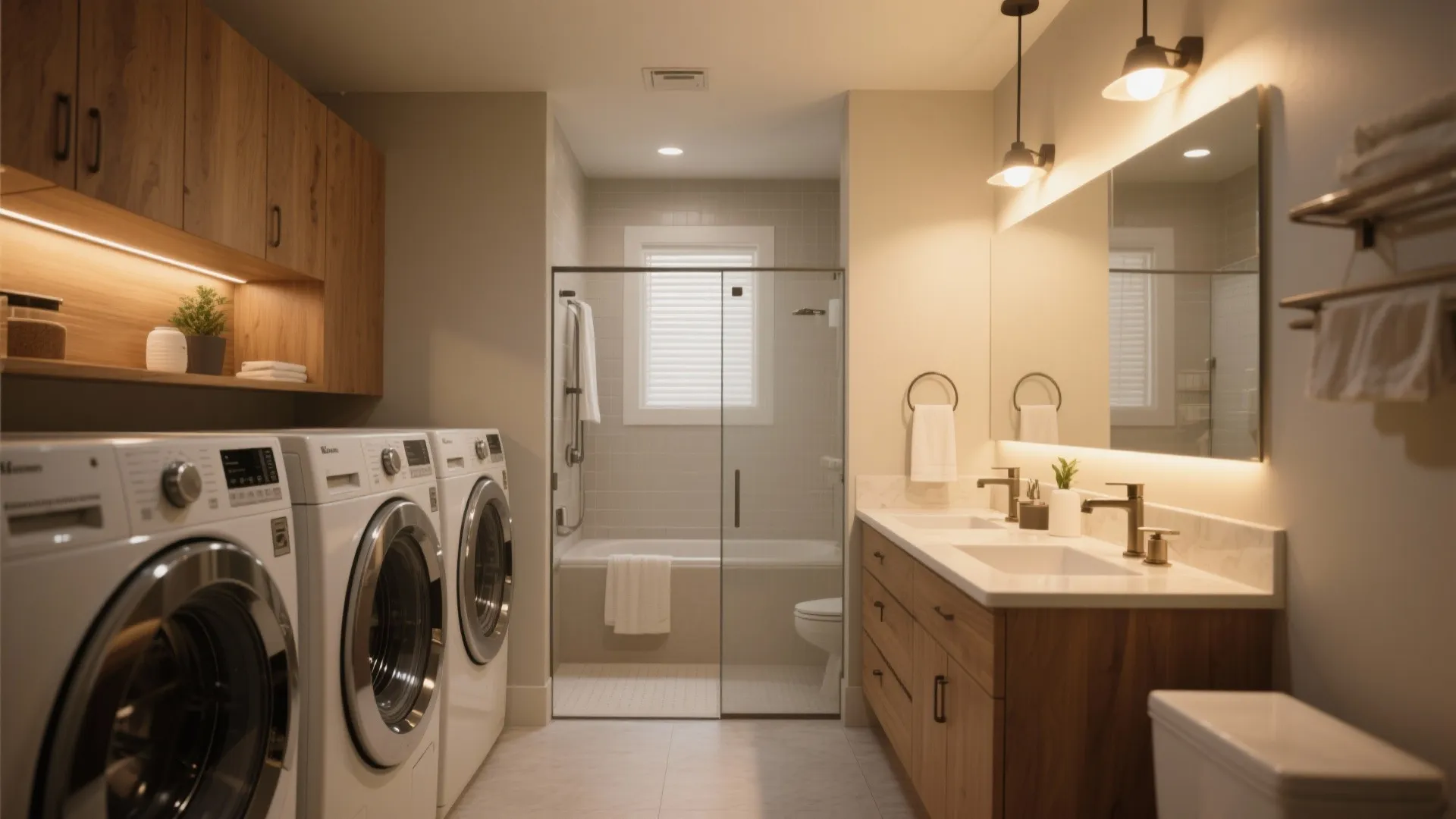 Bright laundry room with warm light fixtures washing machines wooden cabinets and glass shower door