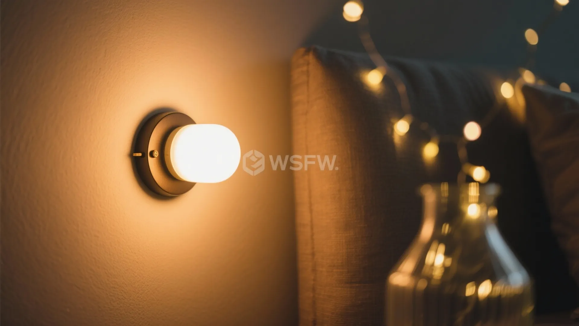 Round warm wall light glowing on a wall next to a headboard with fairy lights