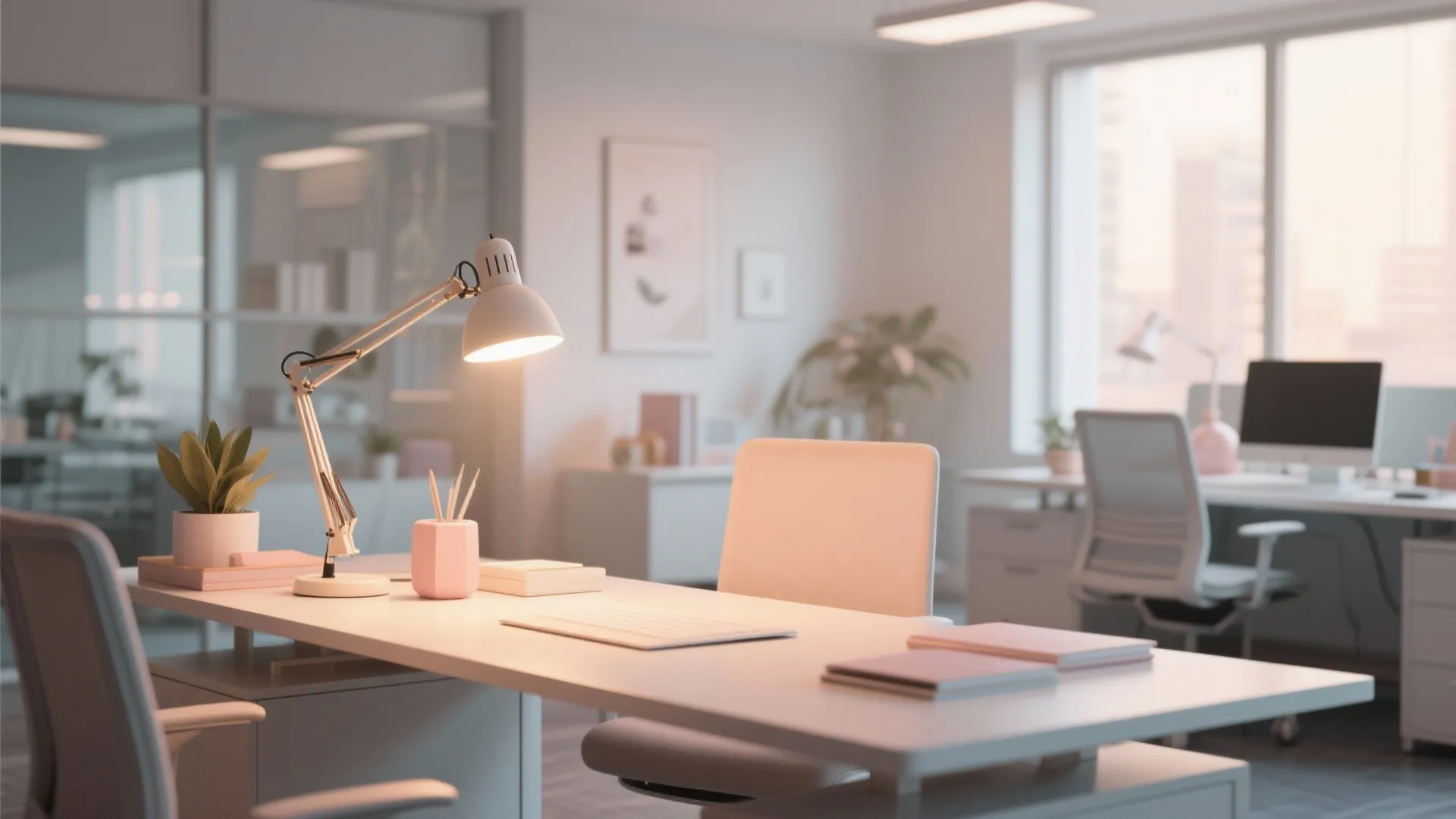 Modern office with warm LED desk lamp and pastel decor