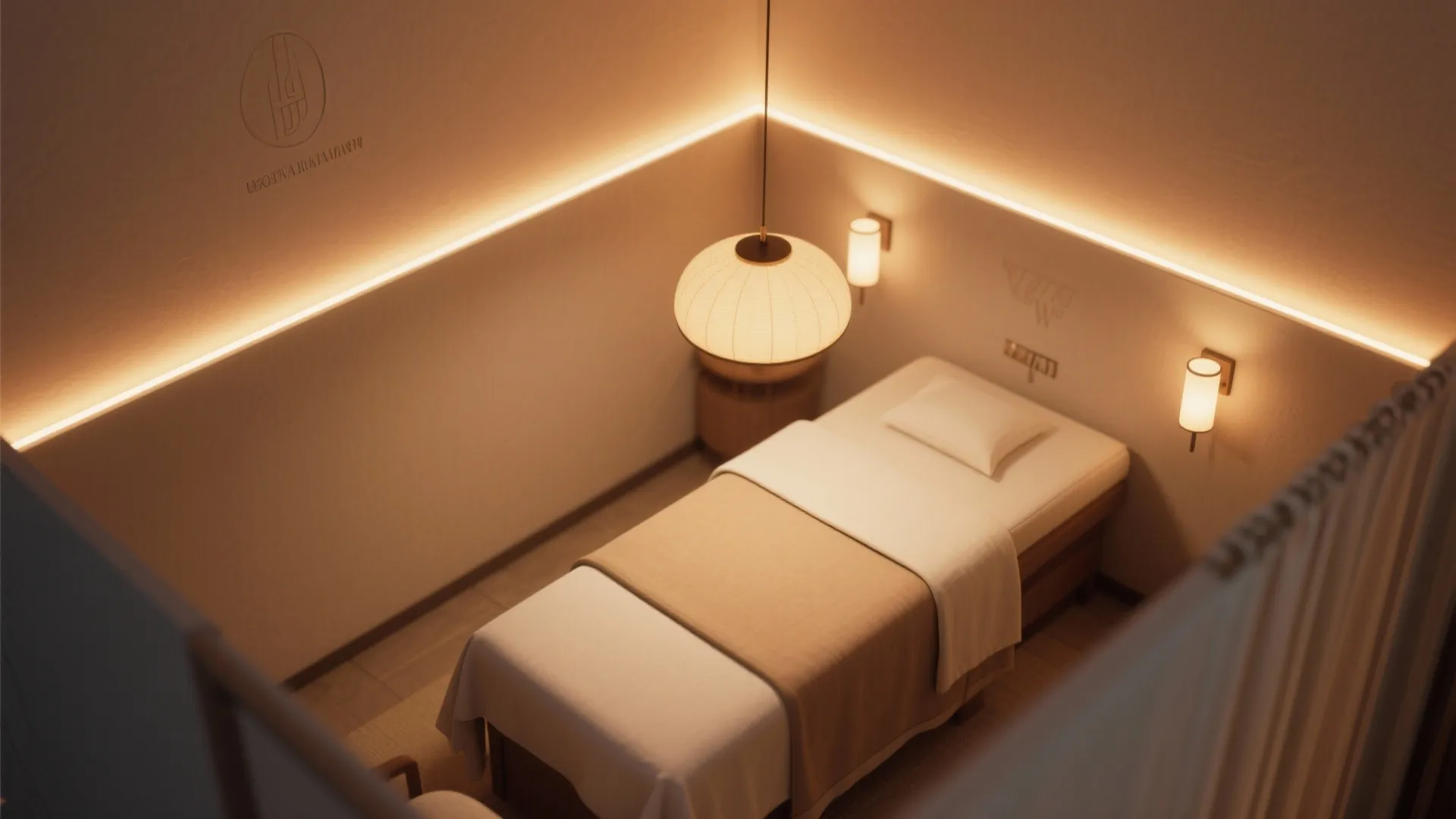 Small spa room with warm strip lighting, a round ceiling light, wall lights, and bed