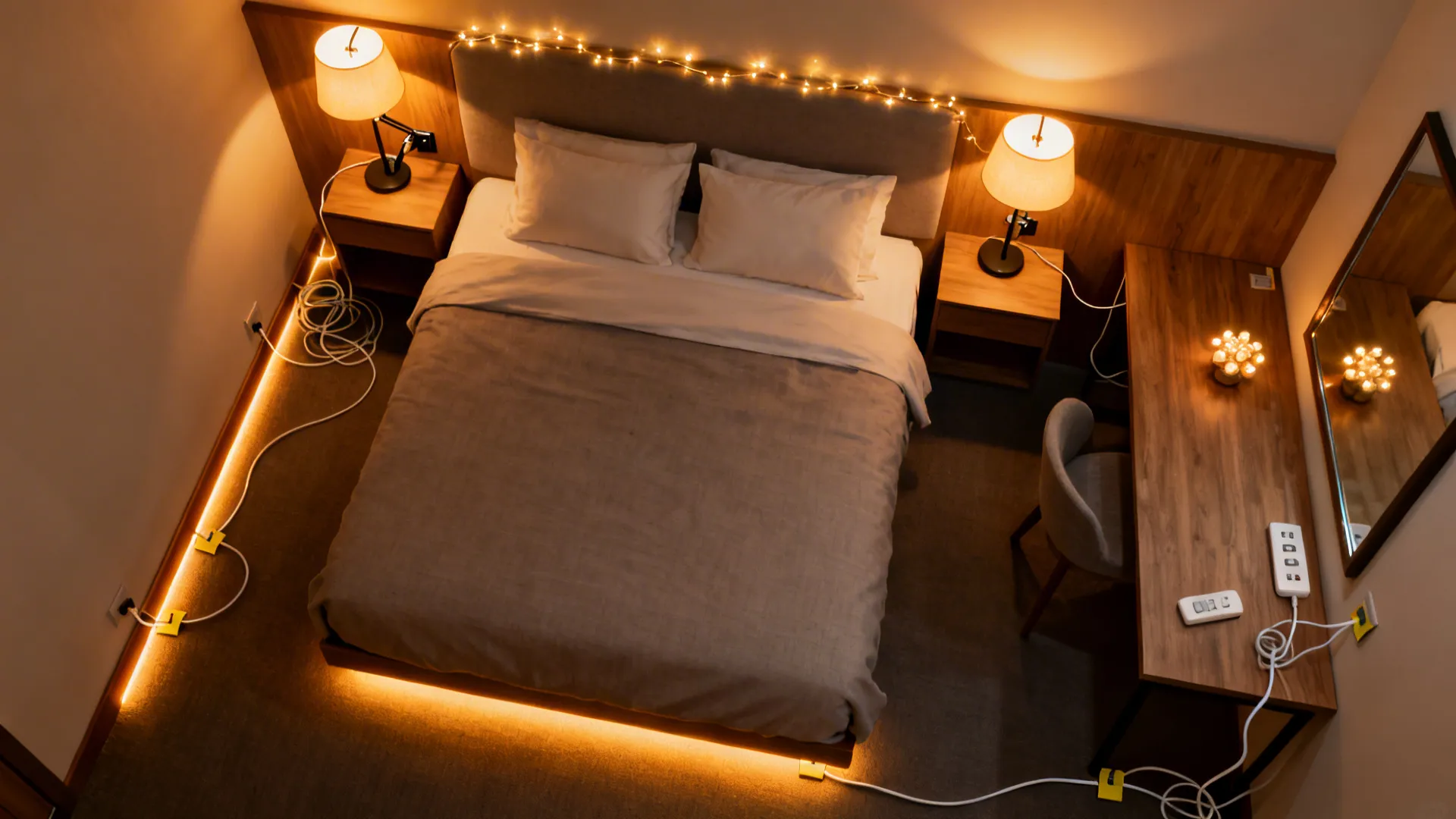 Top view of a cozy bedroom with warm table lamps fairy lights and underbed lighting