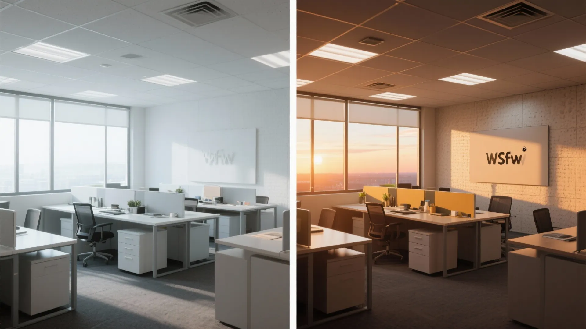 Before and after comparison of office lighting from cool white to warm sunset interior light