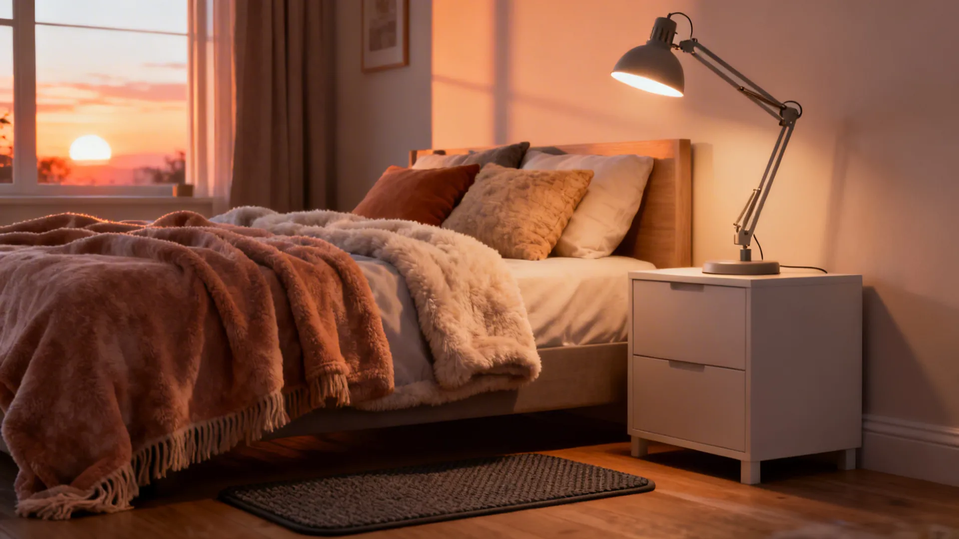 Bedside with warm lamps, cushions, throw blanket and a non-slip rug creating a homey atmosphere.