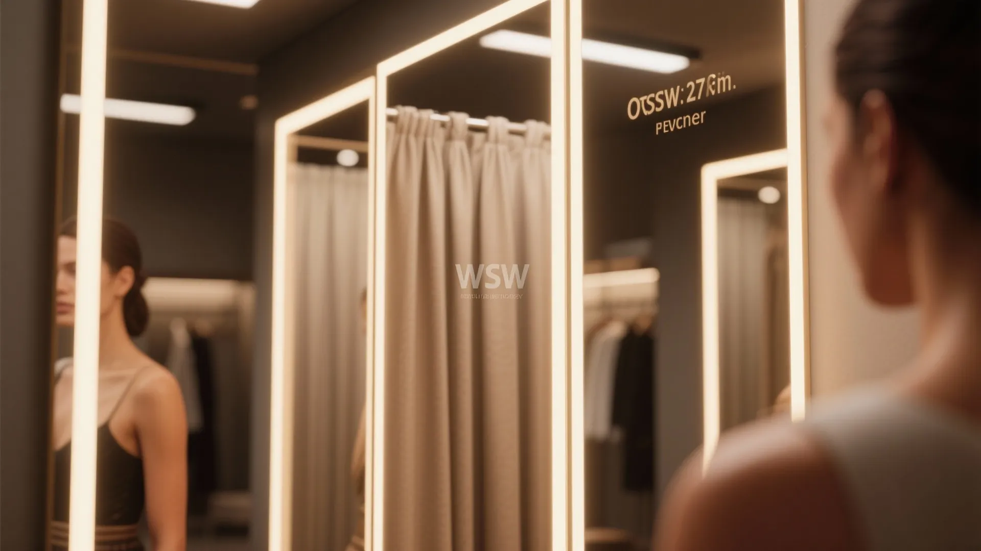 Woman looking into a smart mirror with warm light frame inside a modern dressing room area