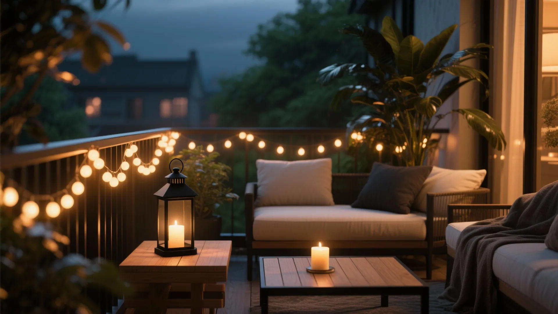 Cozy balcony at night with warm string lights candles a small sofa and wooden tables