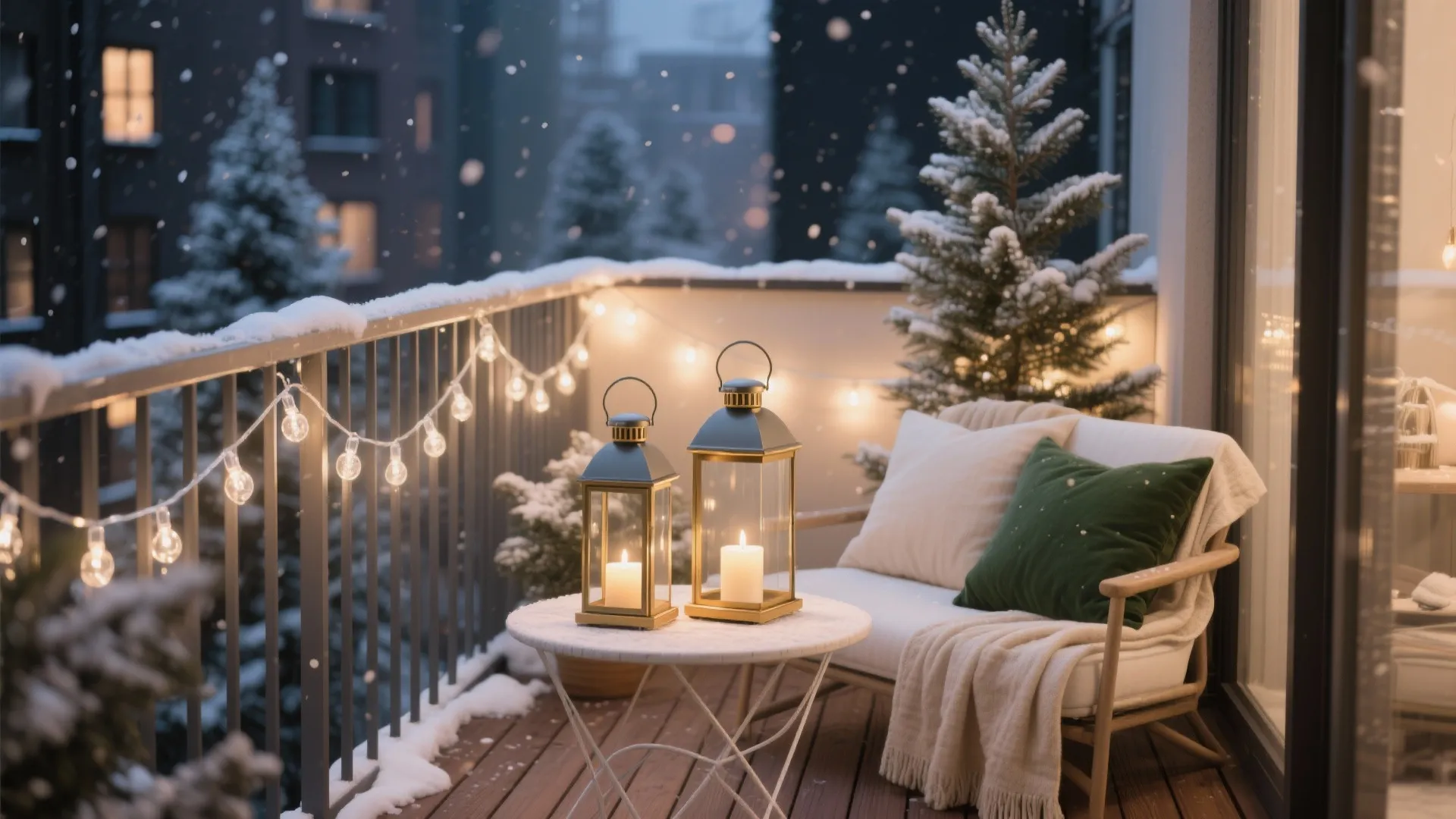 Warm layered lighting for a balcony Christmas