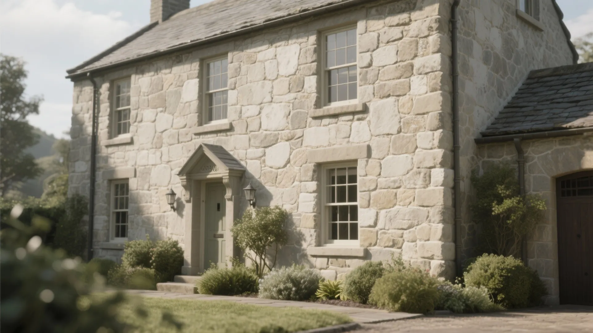 Traditional stone house with light colored walls and green front door surrounded by small garden