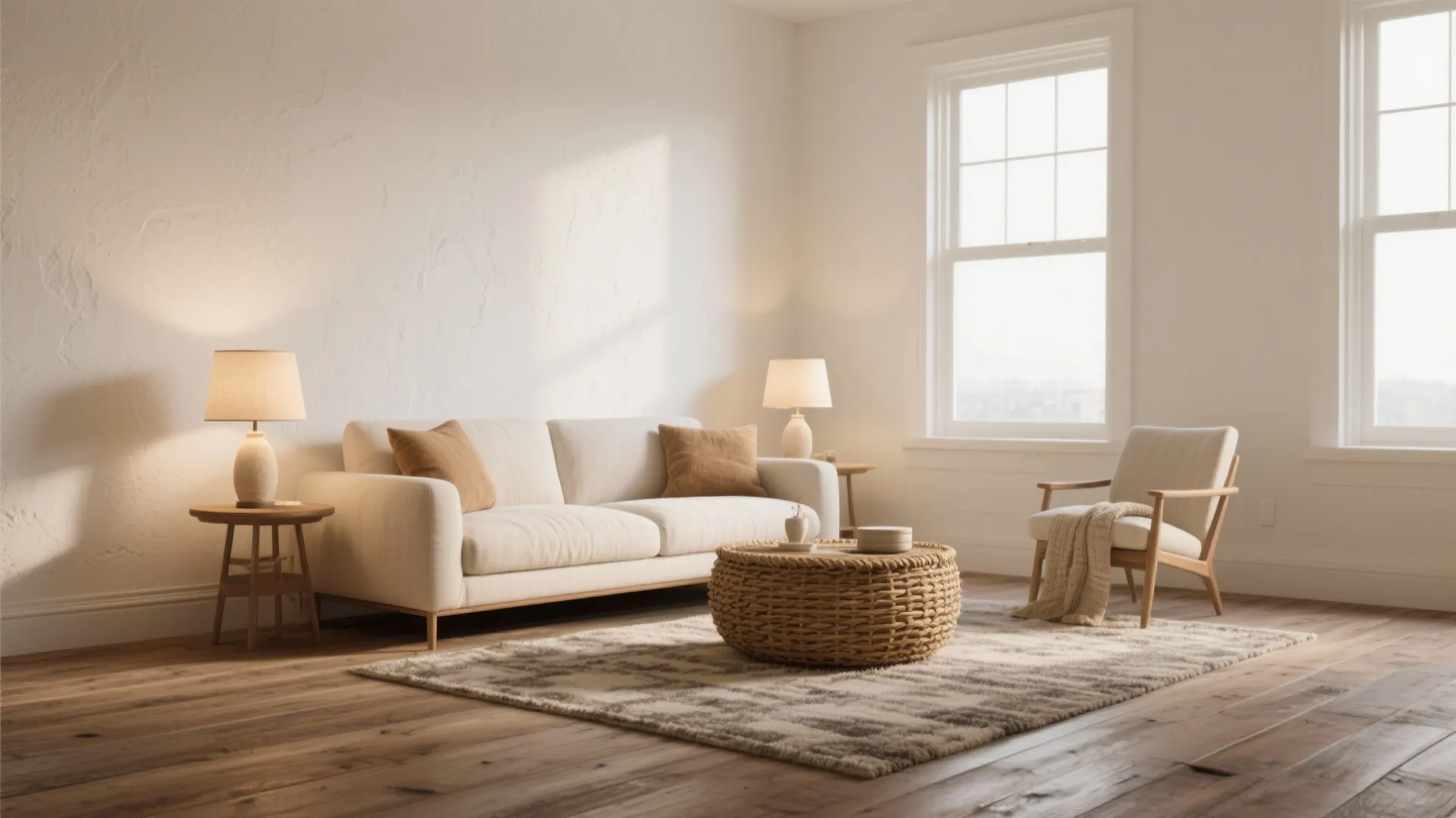 Minimalist living room with white sofa wooden floor woven coffee table arm chair and natural light