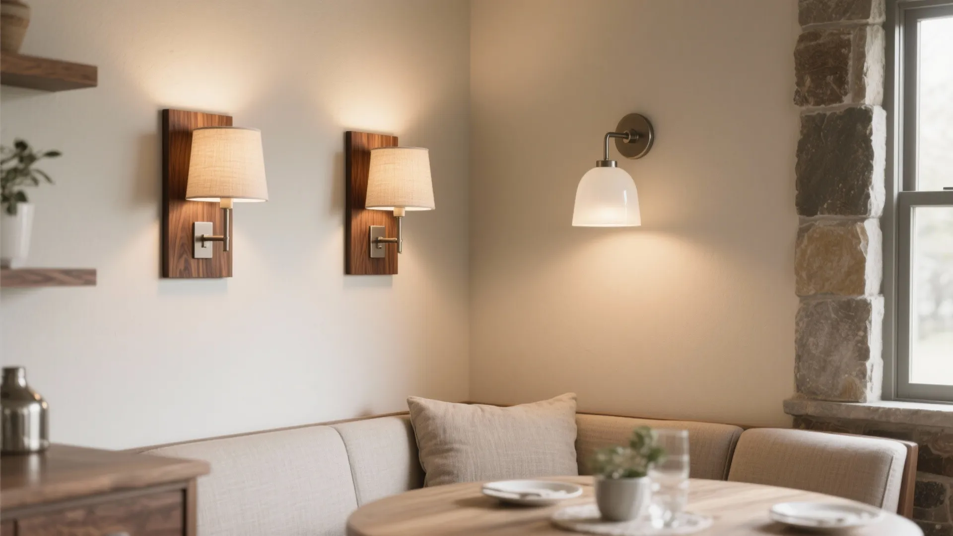 Warm materials: wood accents and linen shades