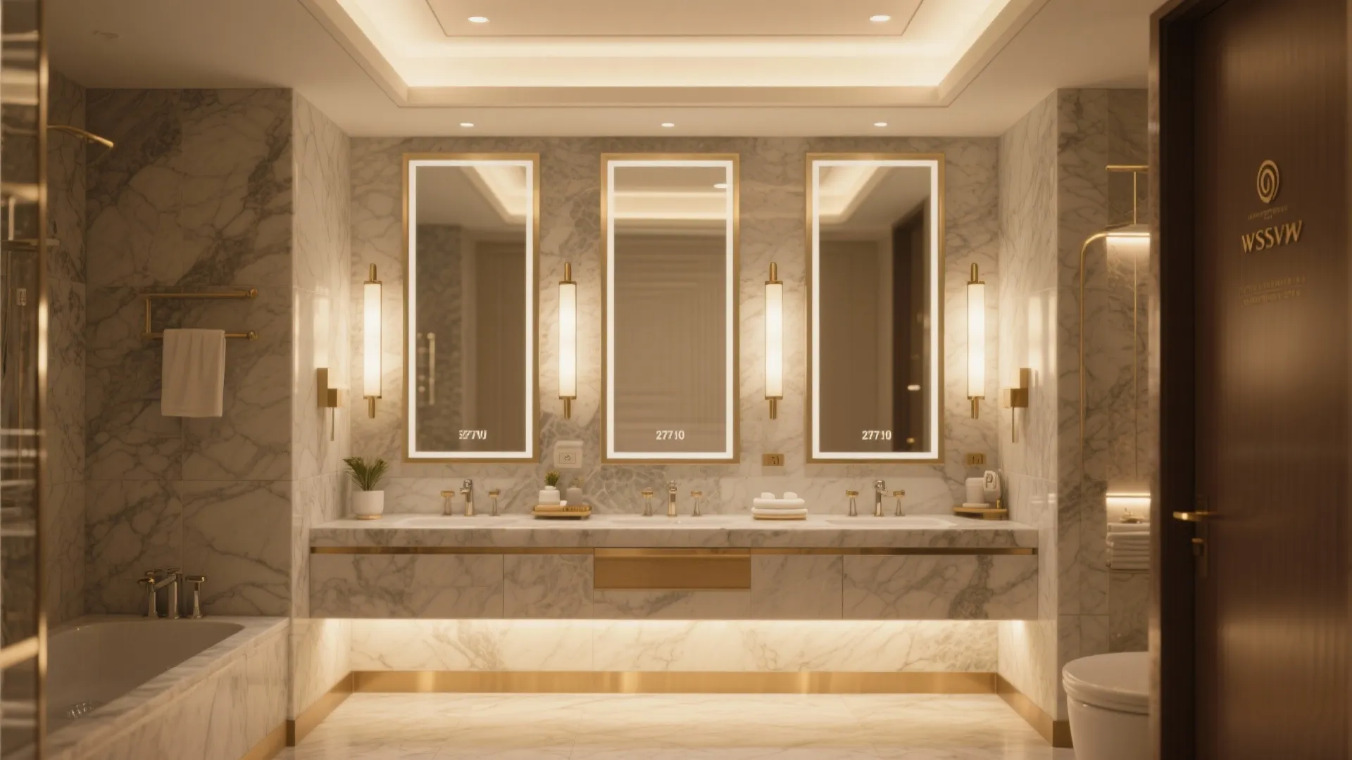 Luxury marble bathroom featuring triple mirrors with gold lights plus double sinks and gold fixtures