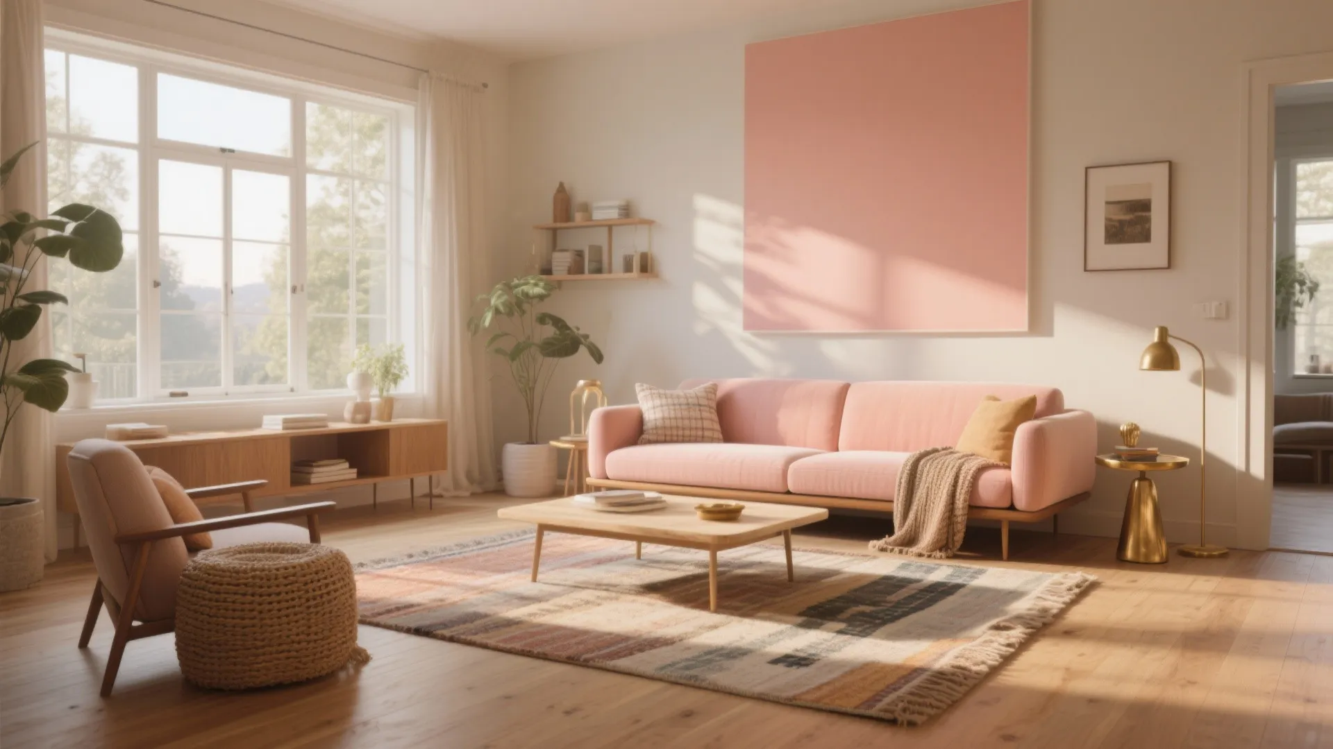 Bright living room with pink sofa wood table footrest large windows and gold metal light fixture