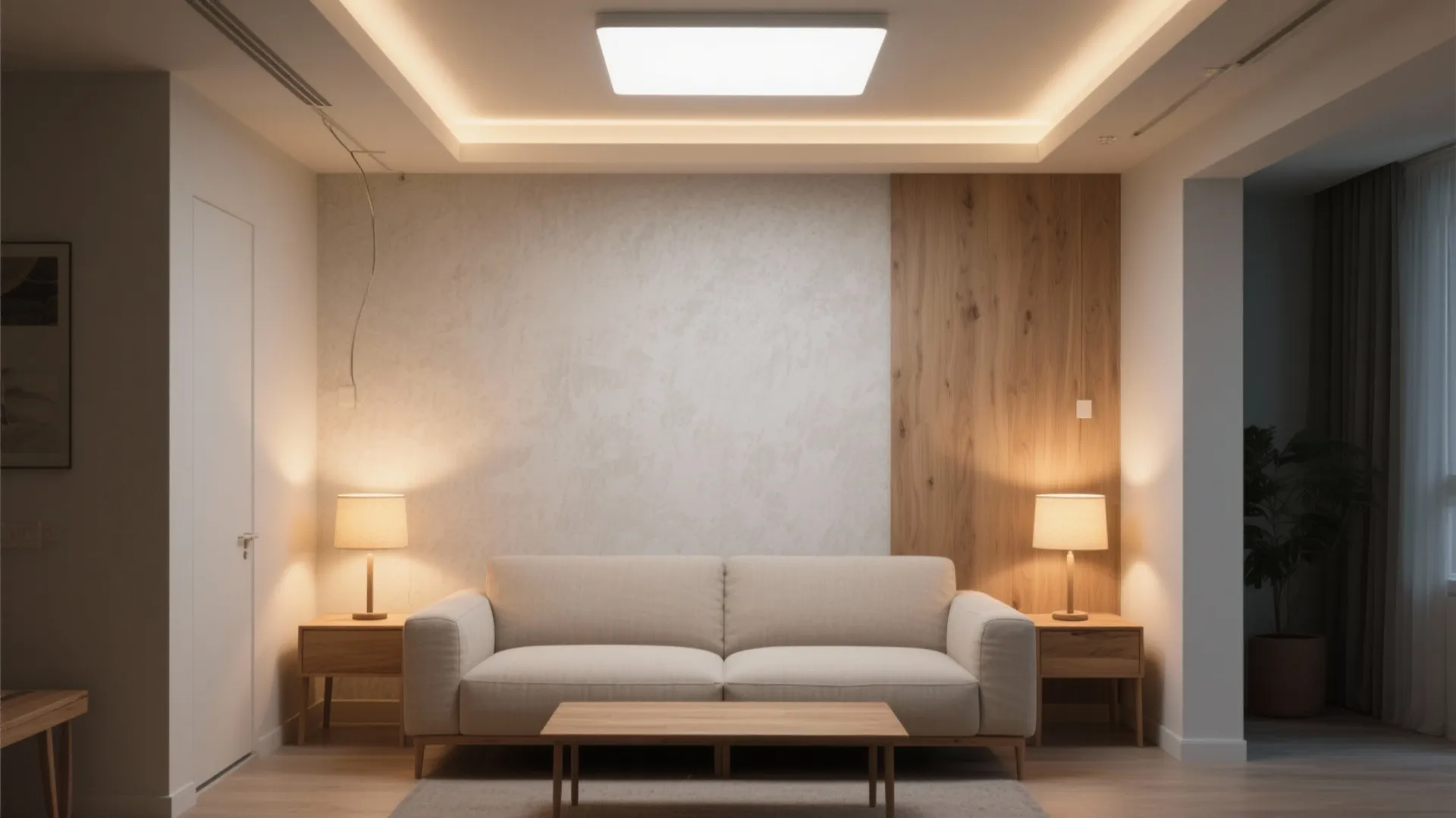 Small living room showing ambient diffuser, table lamps, and a warm wall wash for layered lighting.