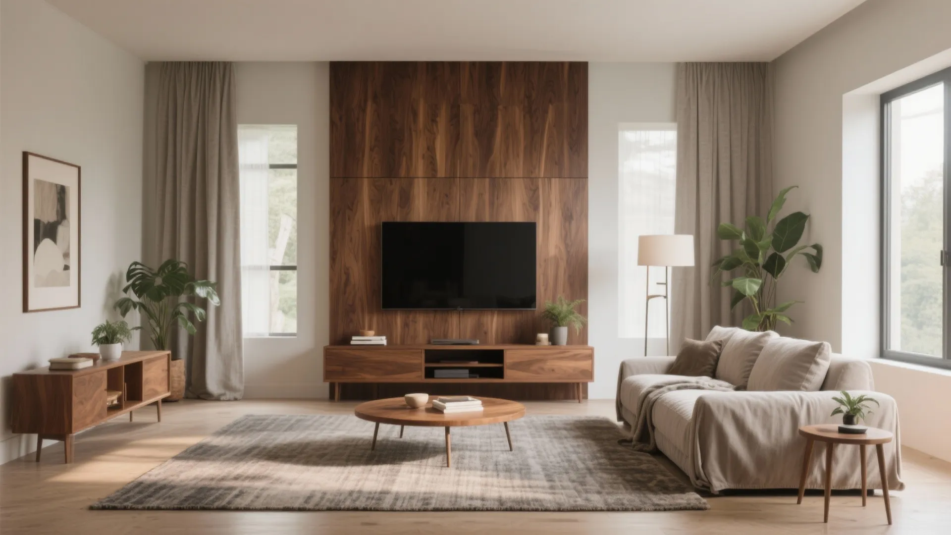 Warm material palette: wood, fabric, and soft contrasts